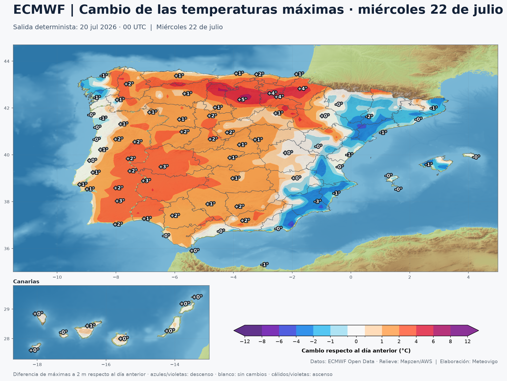 Mapa ECMWF de cambio de las temperaturas máximas para el miércoles 22