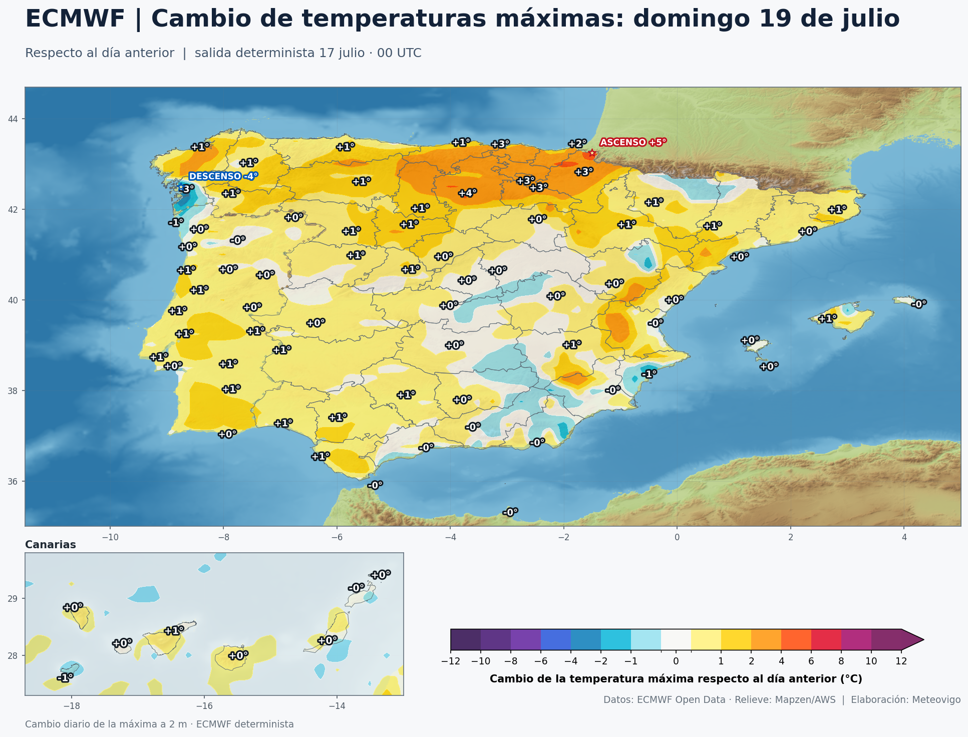 Mapa ECMWF del cambio de temperaturas máximas del domingo 19 respecto al sábado