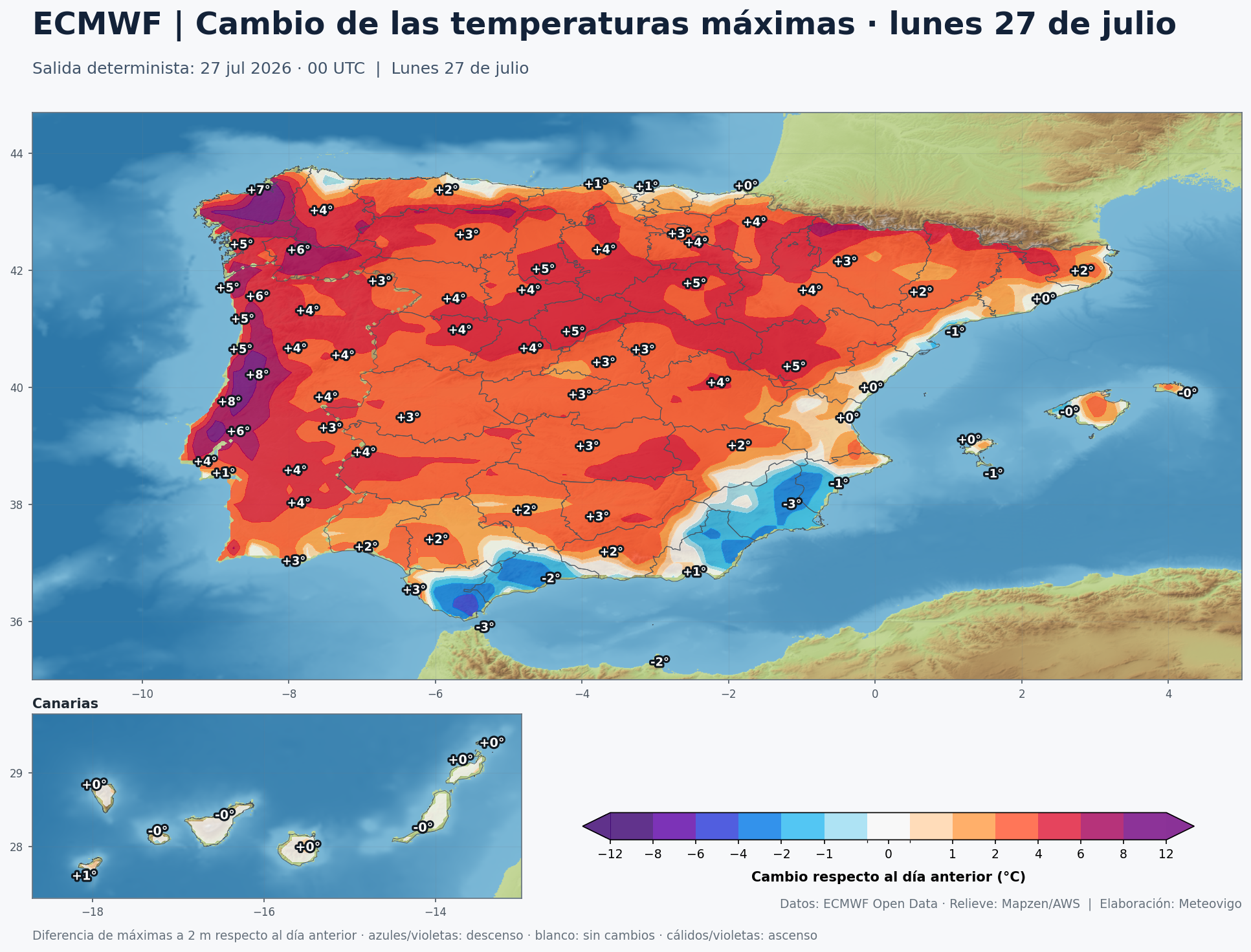 Cambio de las temperaturas máximas en España para el lunes 27 de julio según el ECMWF
