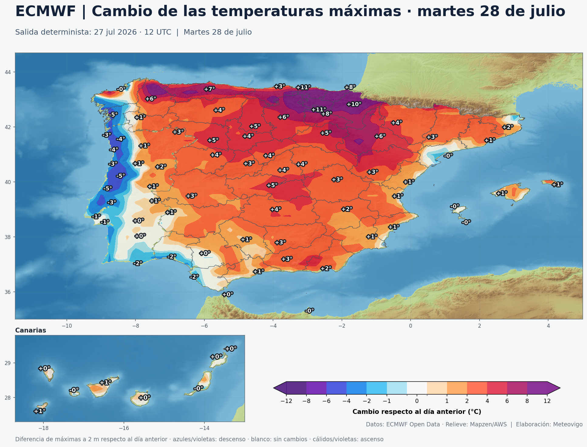 Cambio de las temperaturas m&aacute;ximas en Espa&ntilde;a para el martes 28 de julio seg&uacute;n el ECMWF