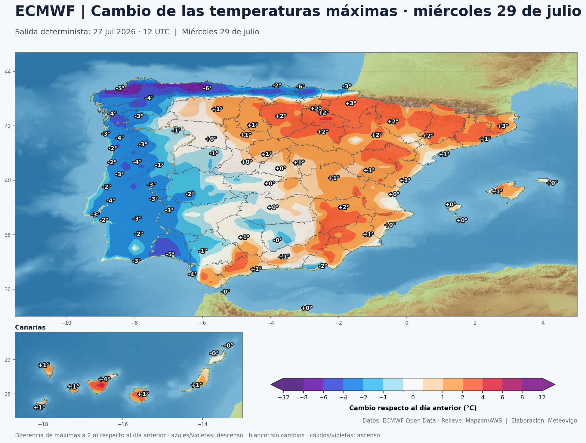 Cambio de las temperaturas m&aacute;ximas en Espa&ntilde;a para el mi&eacute;rcoles 29 de julio seg&uacute;n el ECMWF