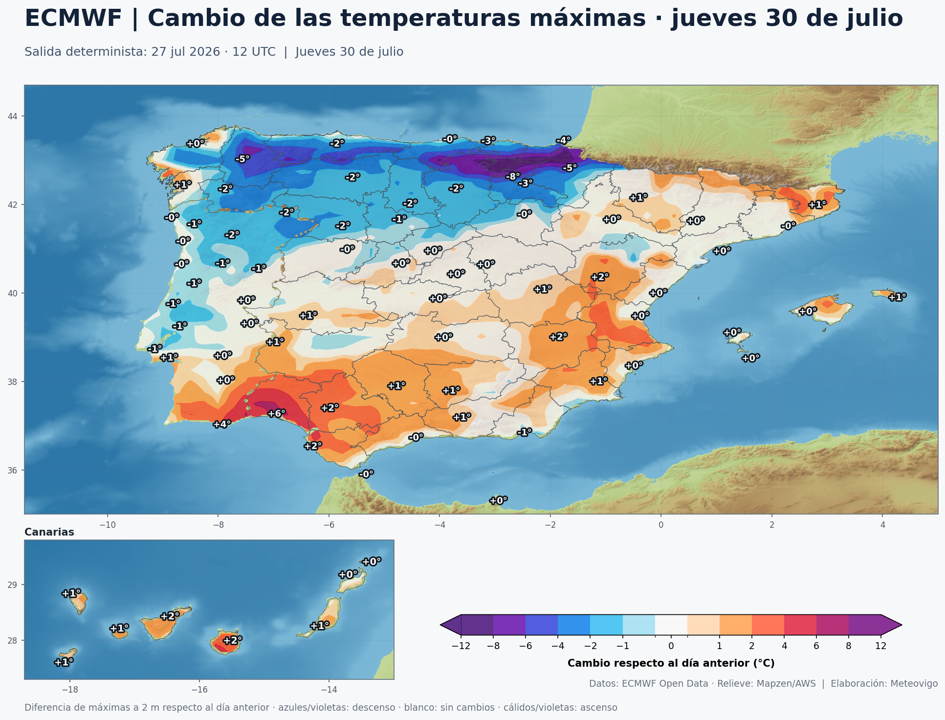 Cambio de las temperaturas m&aacute;ximas en Espa&ntilde;a para el jueves 30 de julio seg&uacute;n el ECMWF