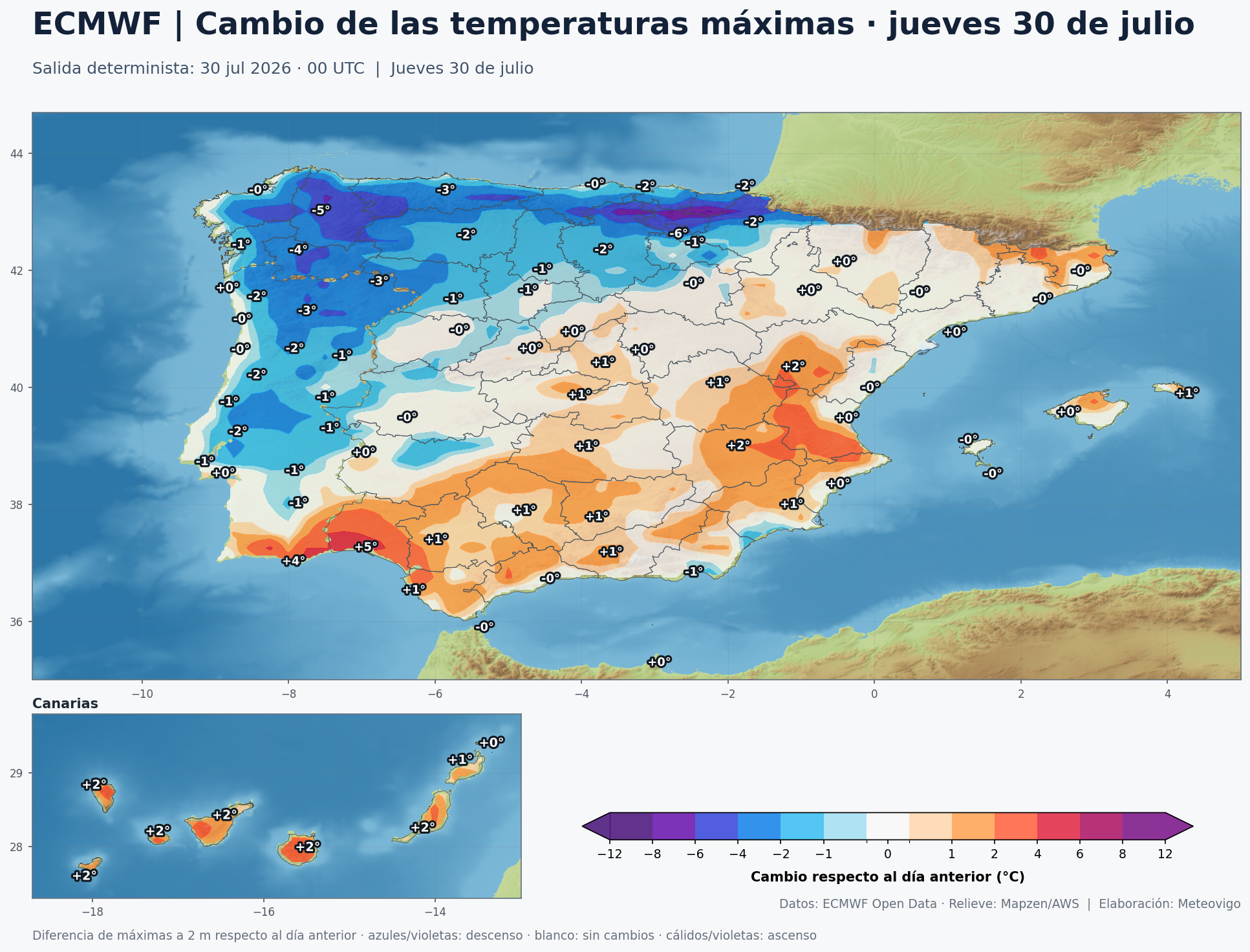 Cambio de las temperaturas máximas en España para el jueves 30 de julio según el modelo europeo