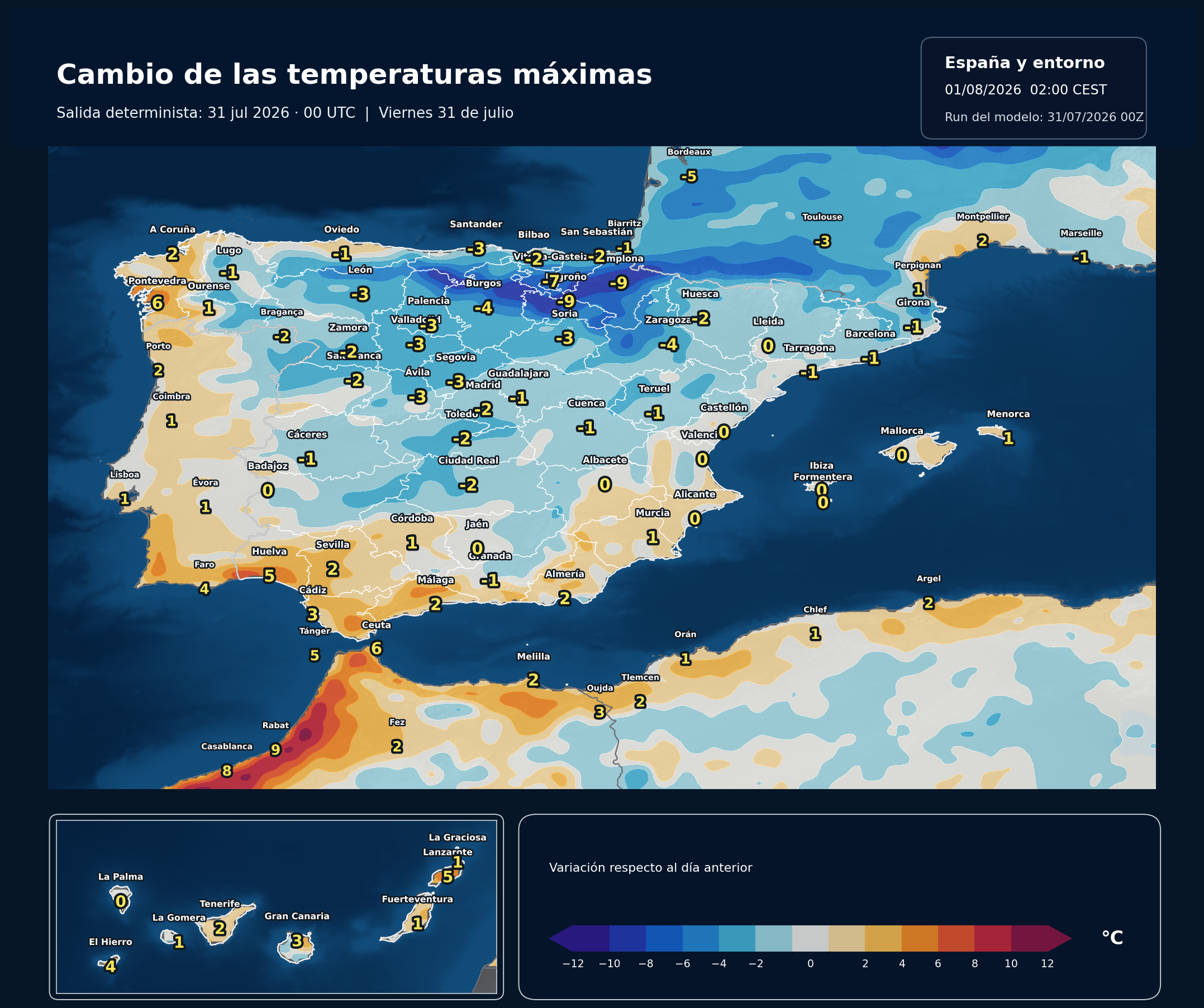 Cambio de las temperaturas máximas en España para el viernes 31 de julio según el modelo europeo