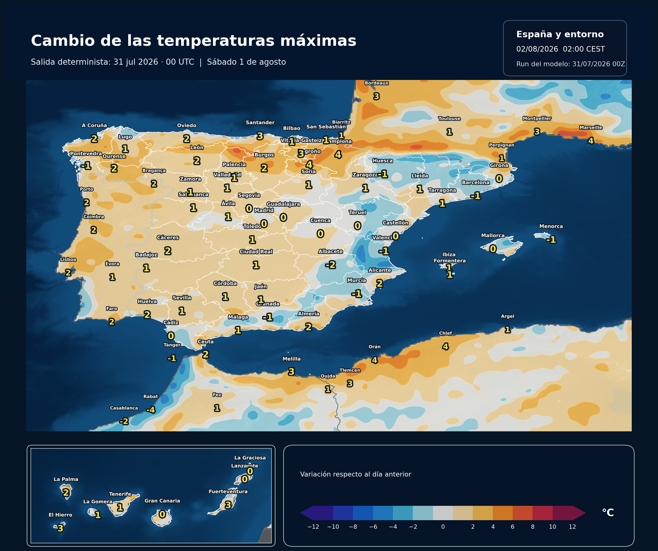 Cambio de las temperaturas máximas en España para el sábado 1 de agosto según el modelo europeo