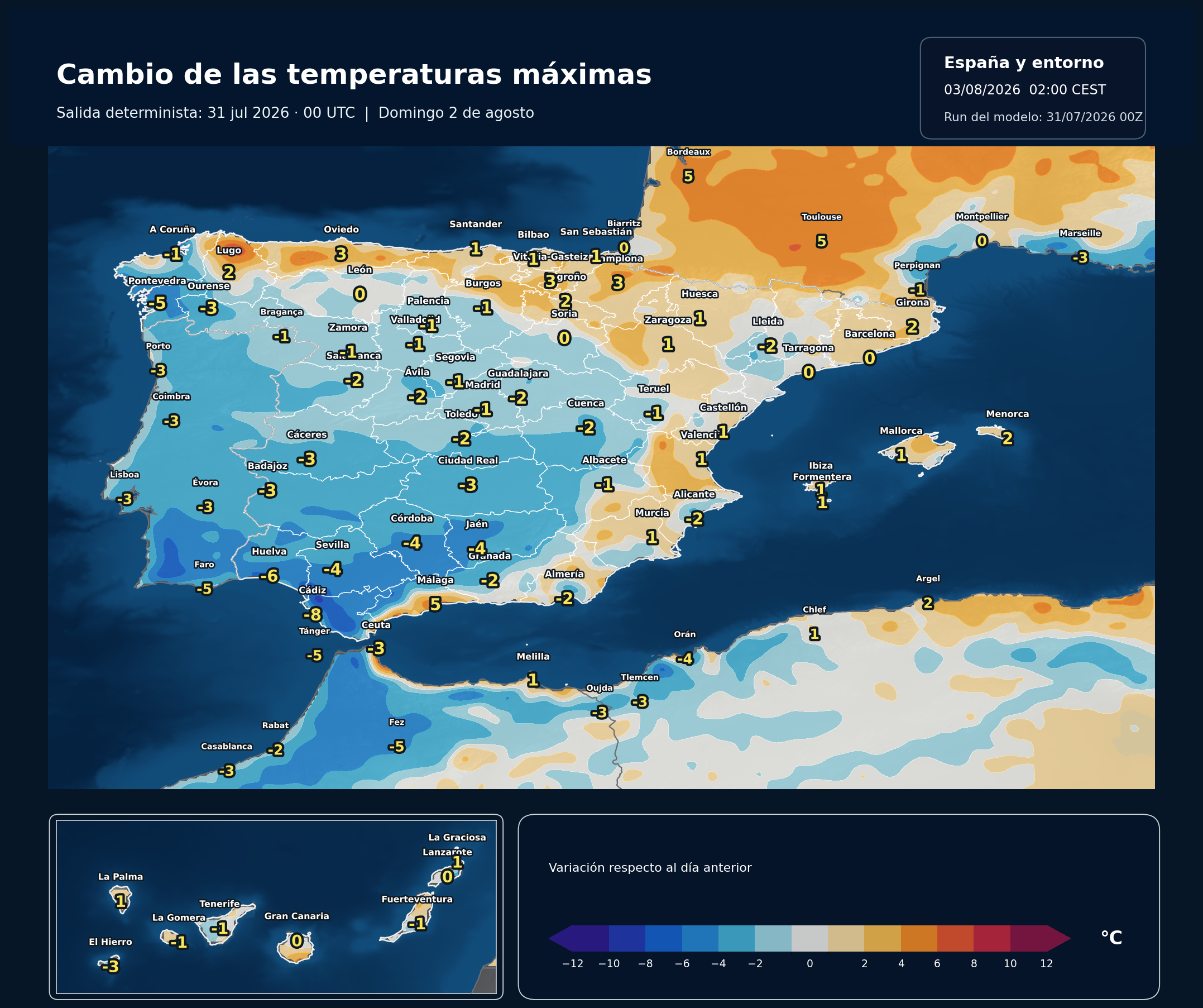 Cambio de las temperaturas máximas en España para el domingo 2 de agosto según el modelo europeo