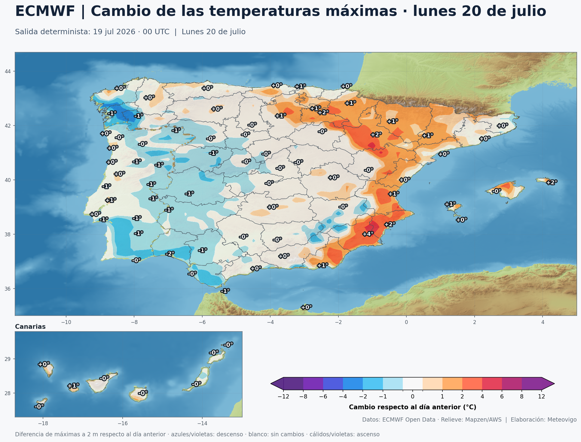 Cambio de las temperaturas máximas del lunes 20 respecto al domingo