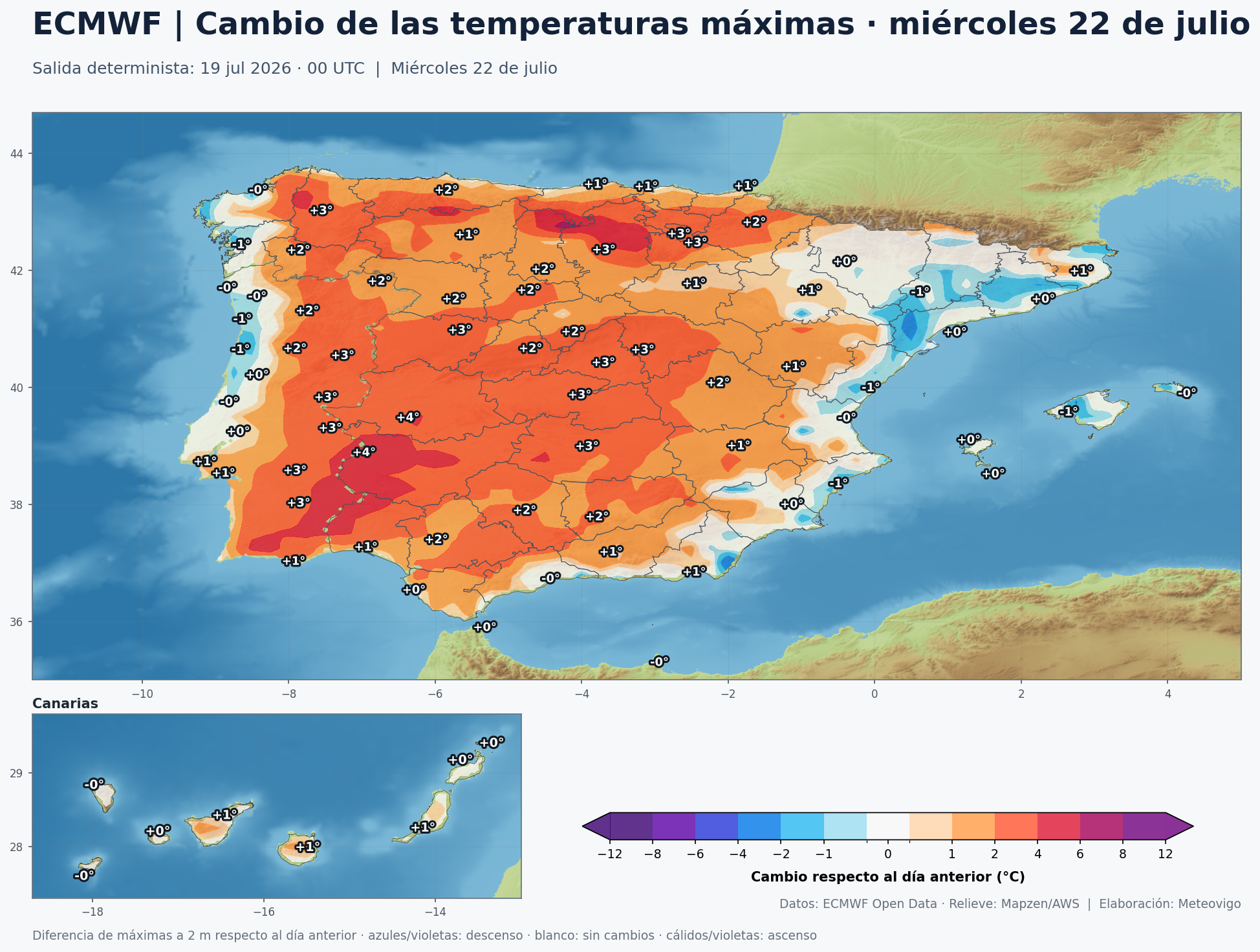 Cambio de las temperaturas máximas del miércoles 22 respecto al martes