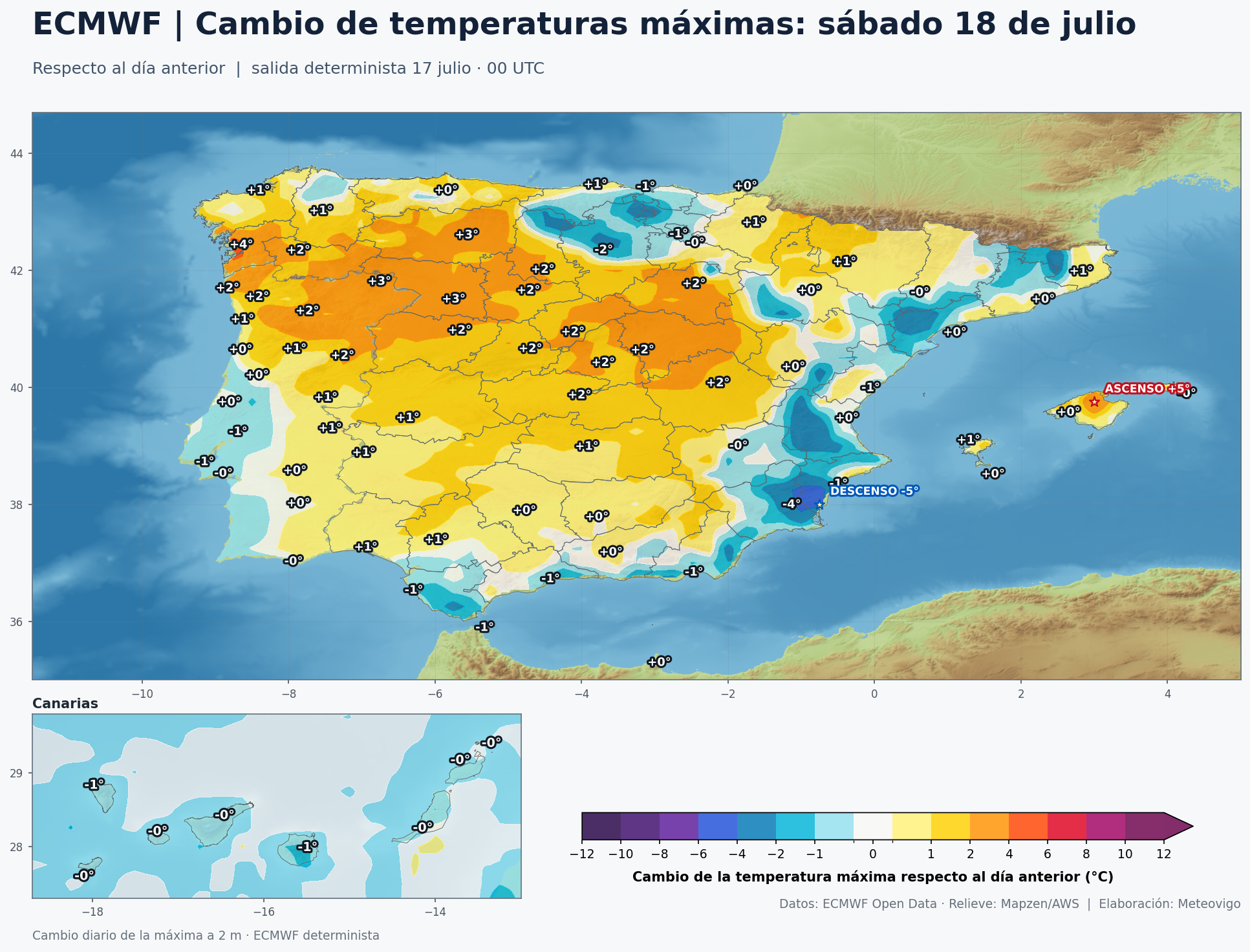 Mapa ECMWF del cambio de temperaturas máximas del sábado 18 respecto al viernes