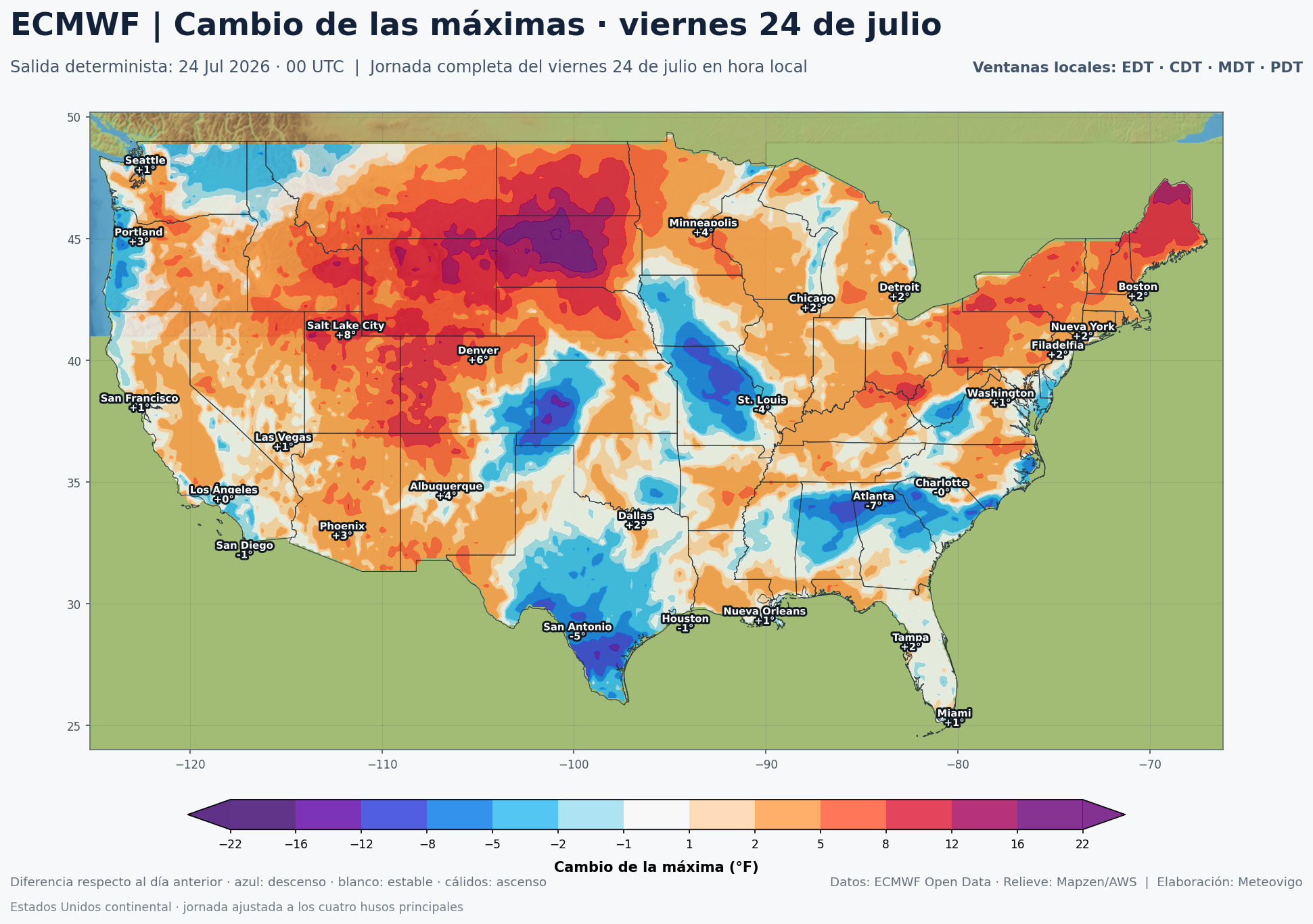 Cambio de las temperaturas máximas en Estados Unidos para el viernes 24 de julio según el ECMWF