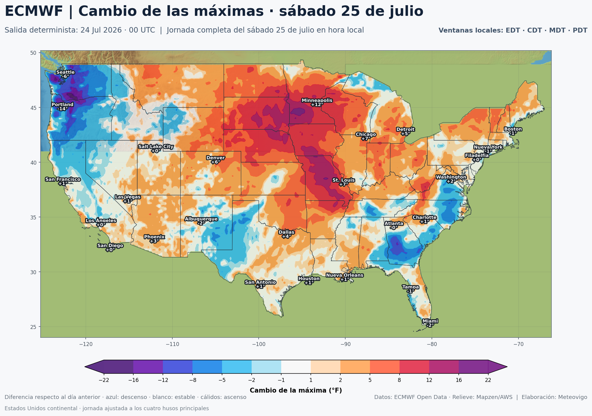 Cambio de las temperaturas máximas en Estados Unidos para el sábado 25 de julio según el ECMWF