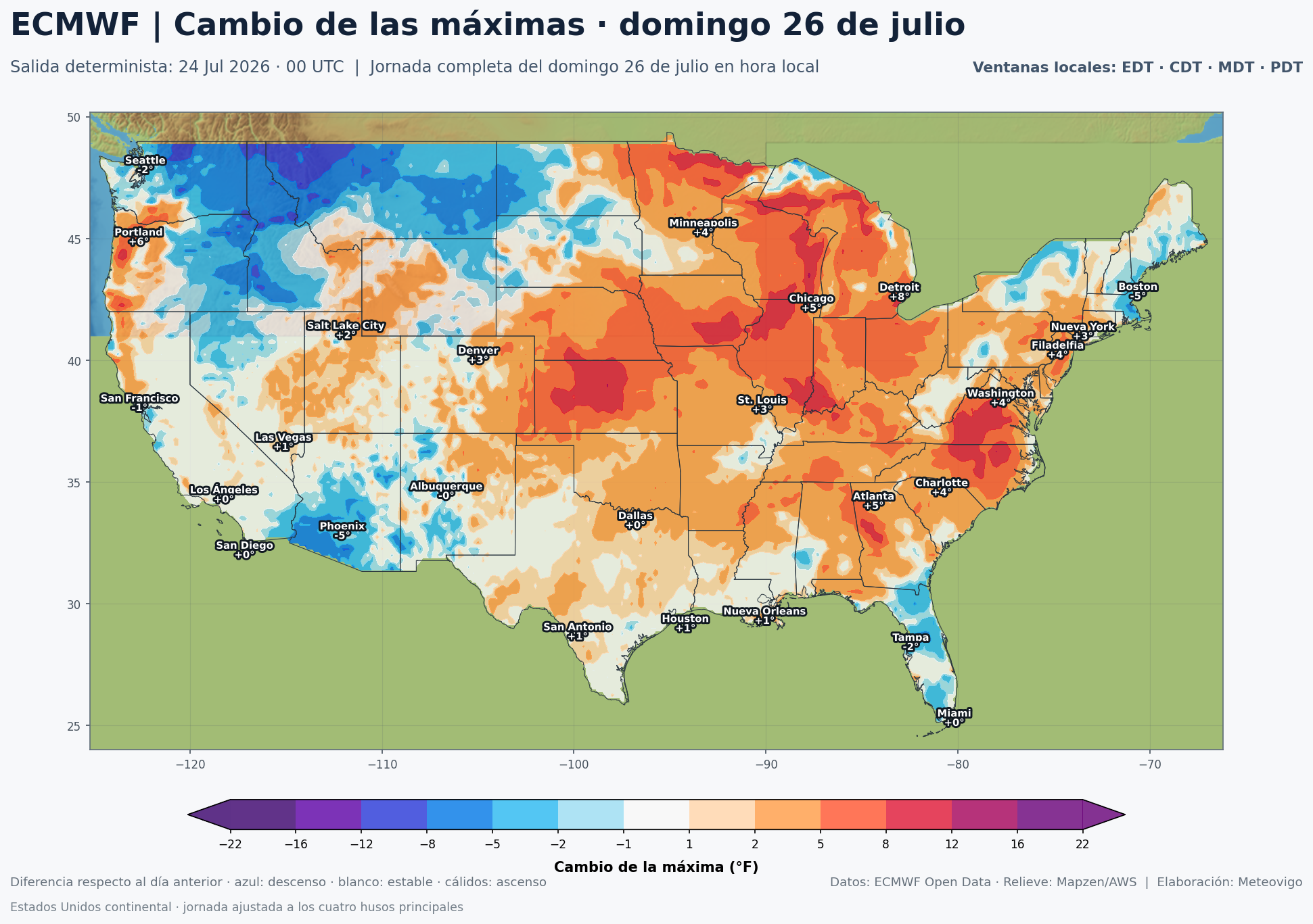 Cambio de las temperaturas máximas en Estados Unidos para el domingo 26 de julio según el ECMWF