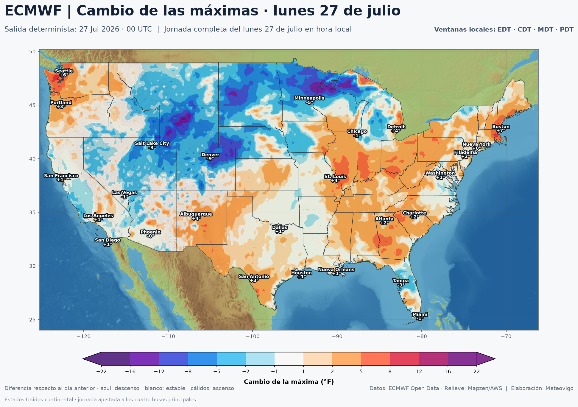 Cambio de las temperaturas máximas en Estados Unidos el lunes 27 de julio de 2026 según el ECMWF