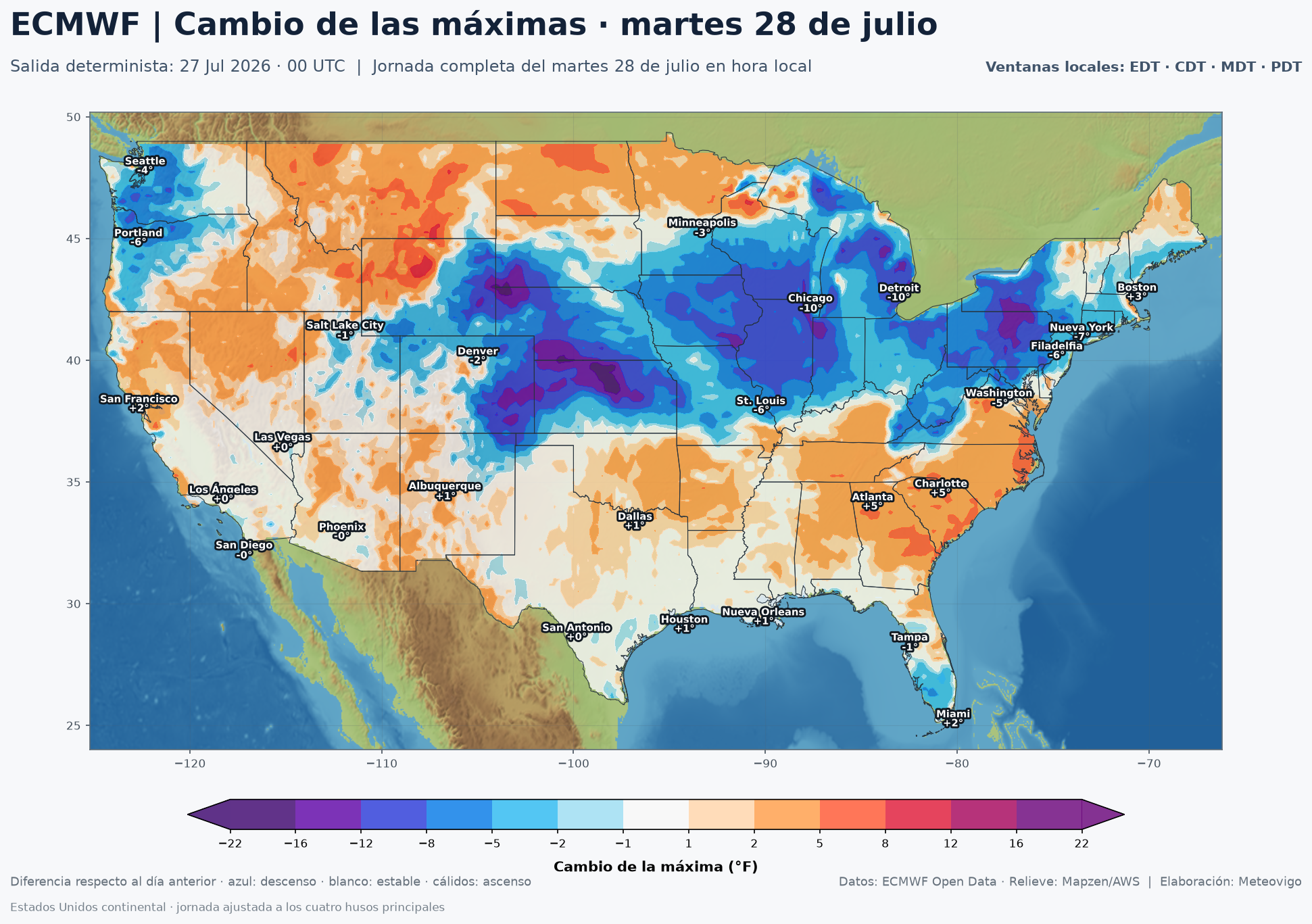 Cambio de las temperaturas máximas en Estados Unidos el martes 28 de julio de 2026 según el ECMWF
