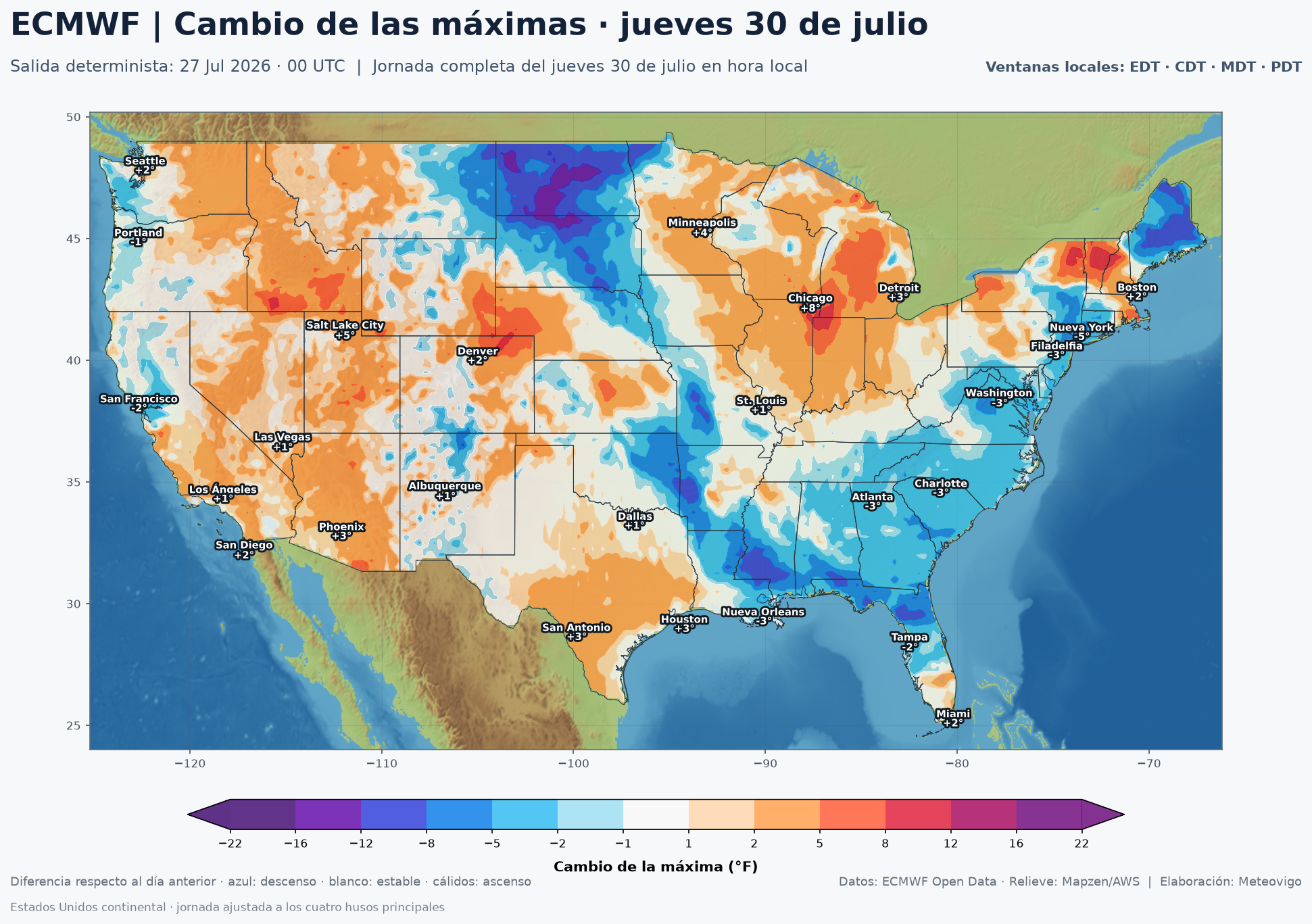 Cambio de las temperaturas máximas en Estados Unidos el jueves 30 de julio de 2026 según el ECMWF