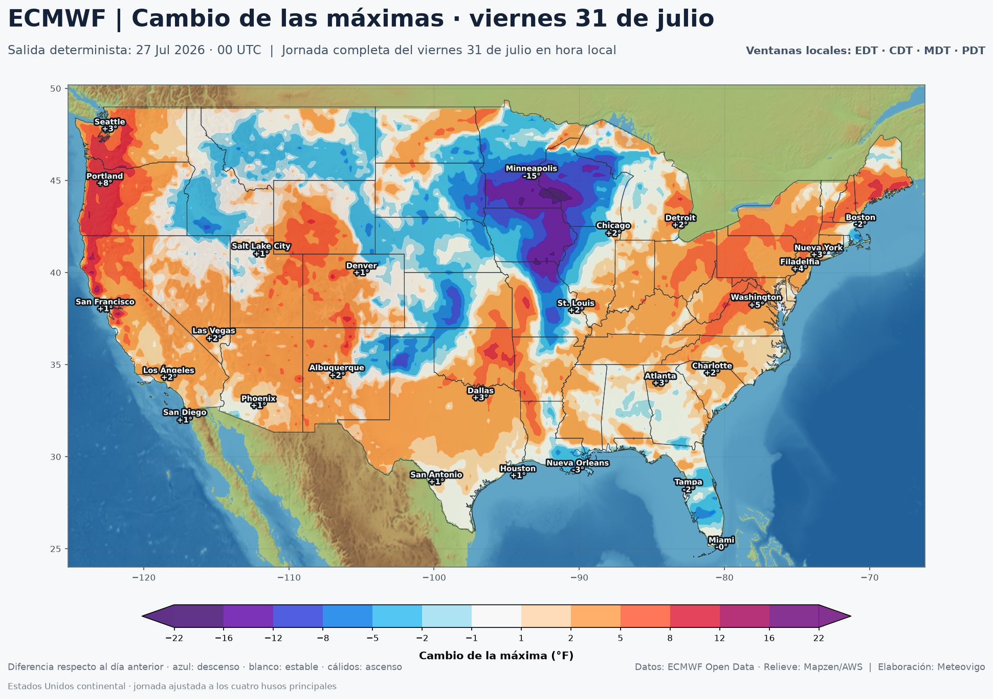 Cambio de las temperaturas máximas en Estados Unidos el viernes 31 de julio de 2026 según el ECMWF