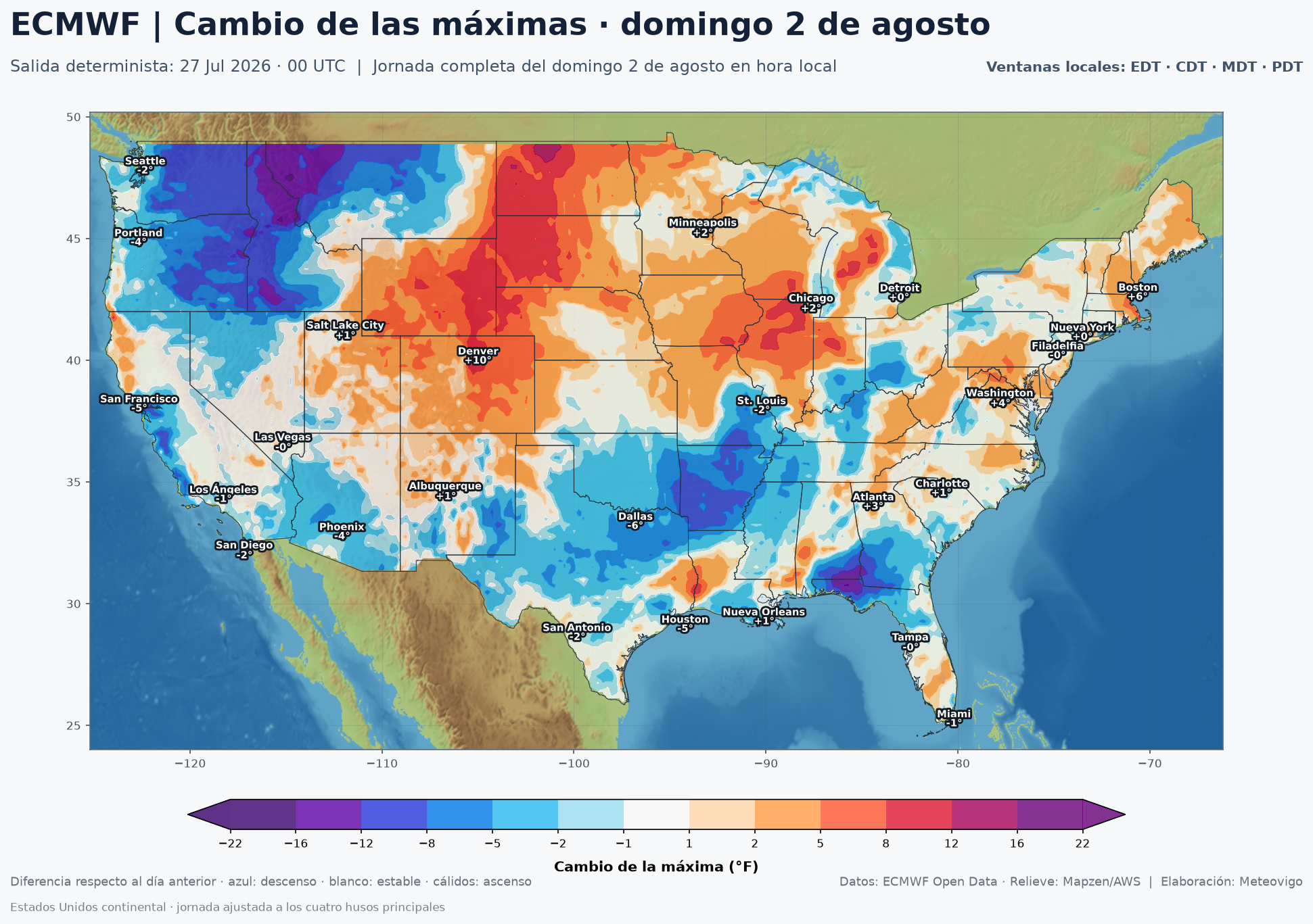 Cambio de las temperaturas máximas en Estados Unidos el domingo 2 de agosto de 2026 según el ECMWF