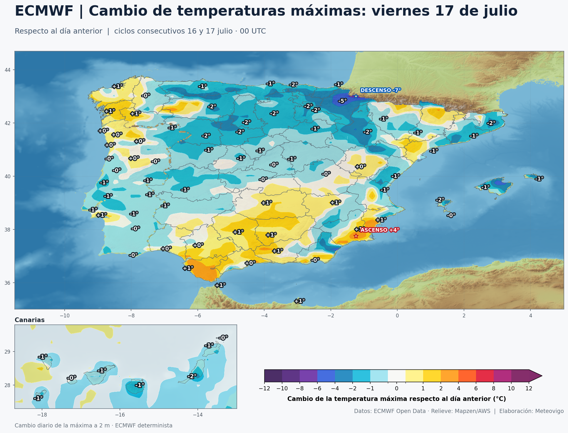 Mapa ECMWF del cambio de temperaturas máximas del viernes 17 respecto al jueves