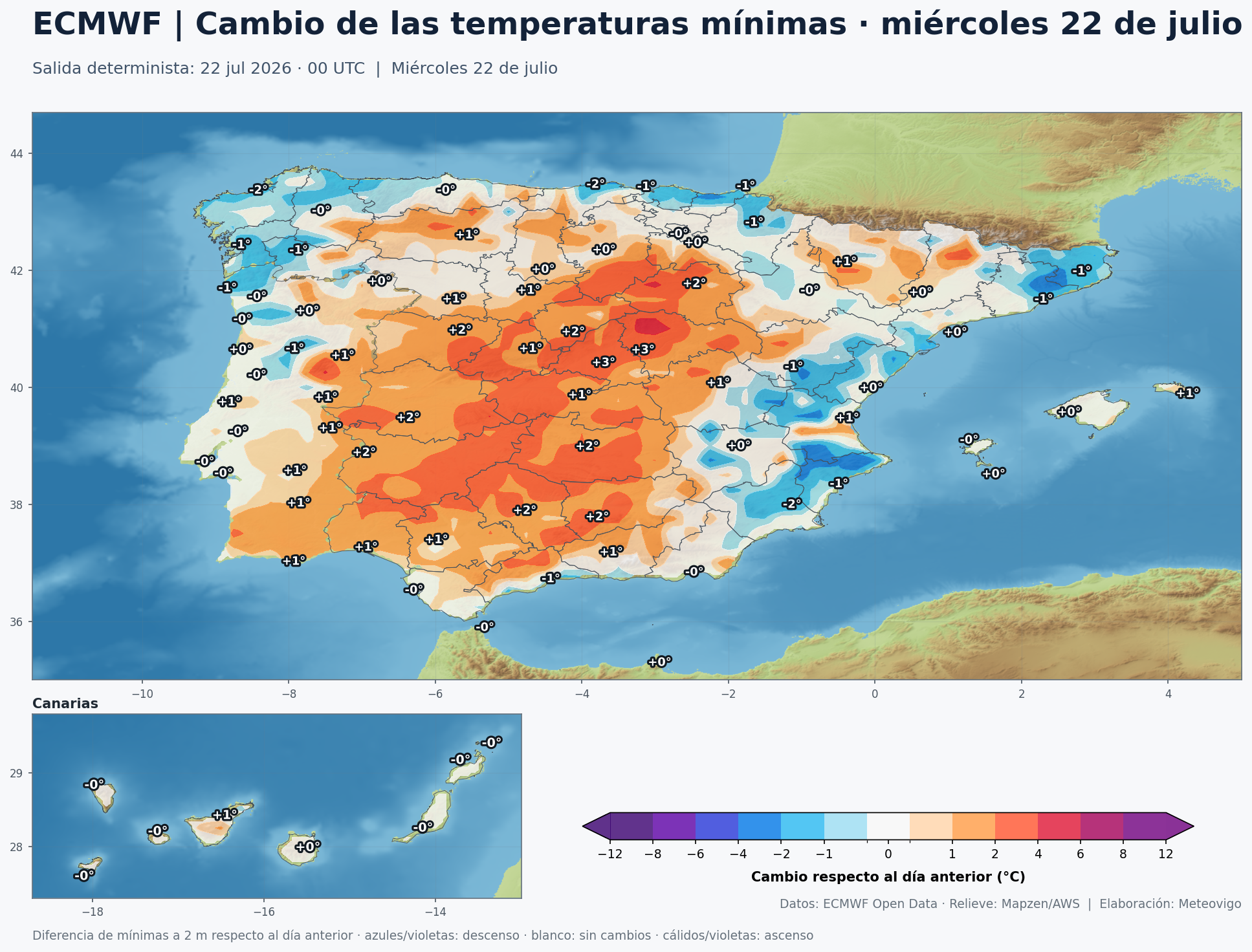 Cambio de las temperaturas m&iacute;nimas previsto para el mi&eacute;rcoles 22 de julio en Espa&ntilde;a