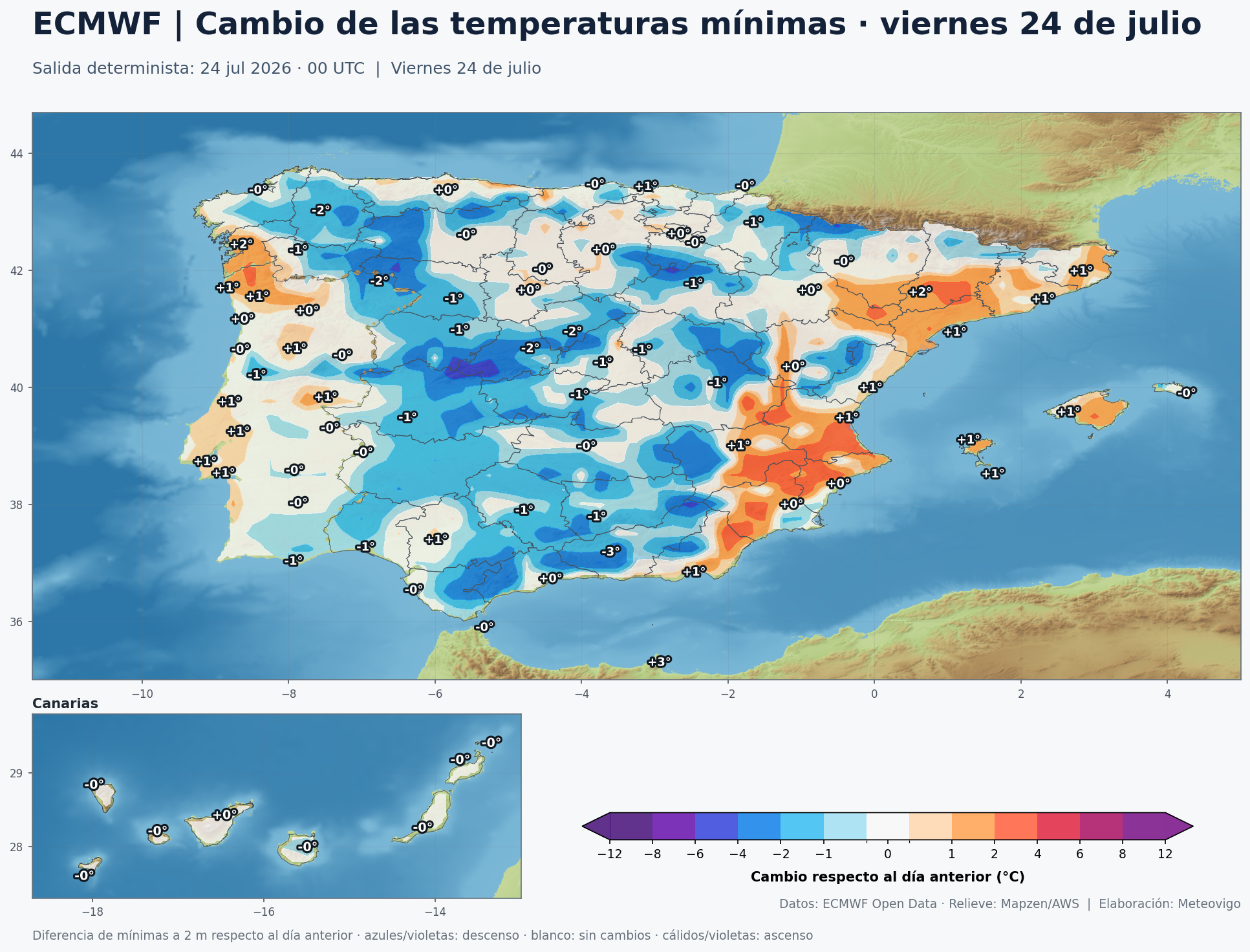 Cambio de las temperaturas m&iacute;nimas en Espa&ntilde;a para el viernes 24 de julio