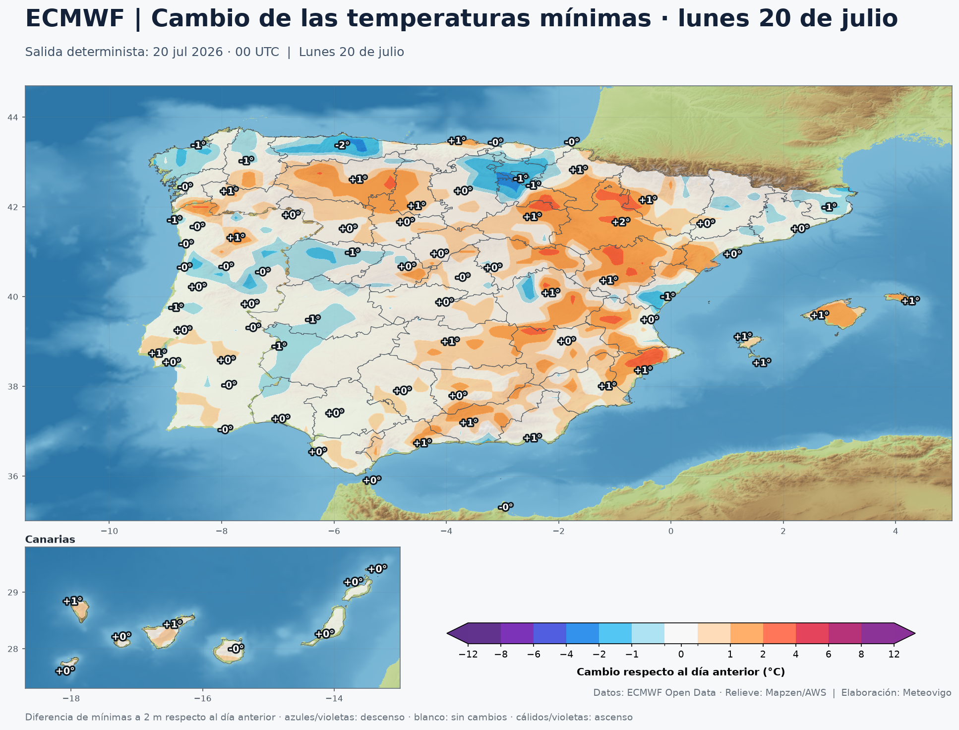 Mapa ECMWF de cambio de las temperaturas mínimas para el lunes 20