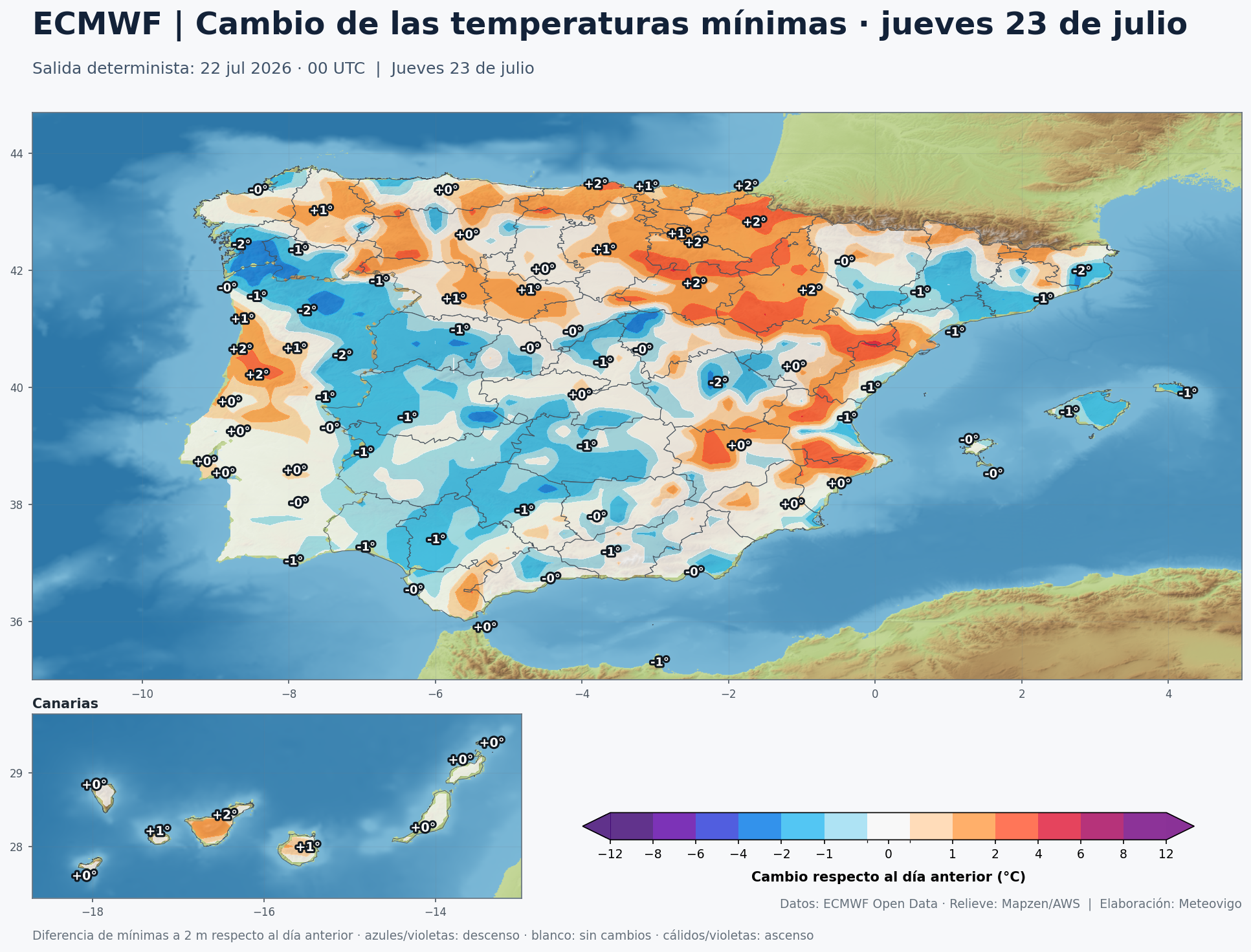 Cambio de las temperaturas m&iacute;nimas previsto para el jueves 23 de julio en Espa&ntilde;a