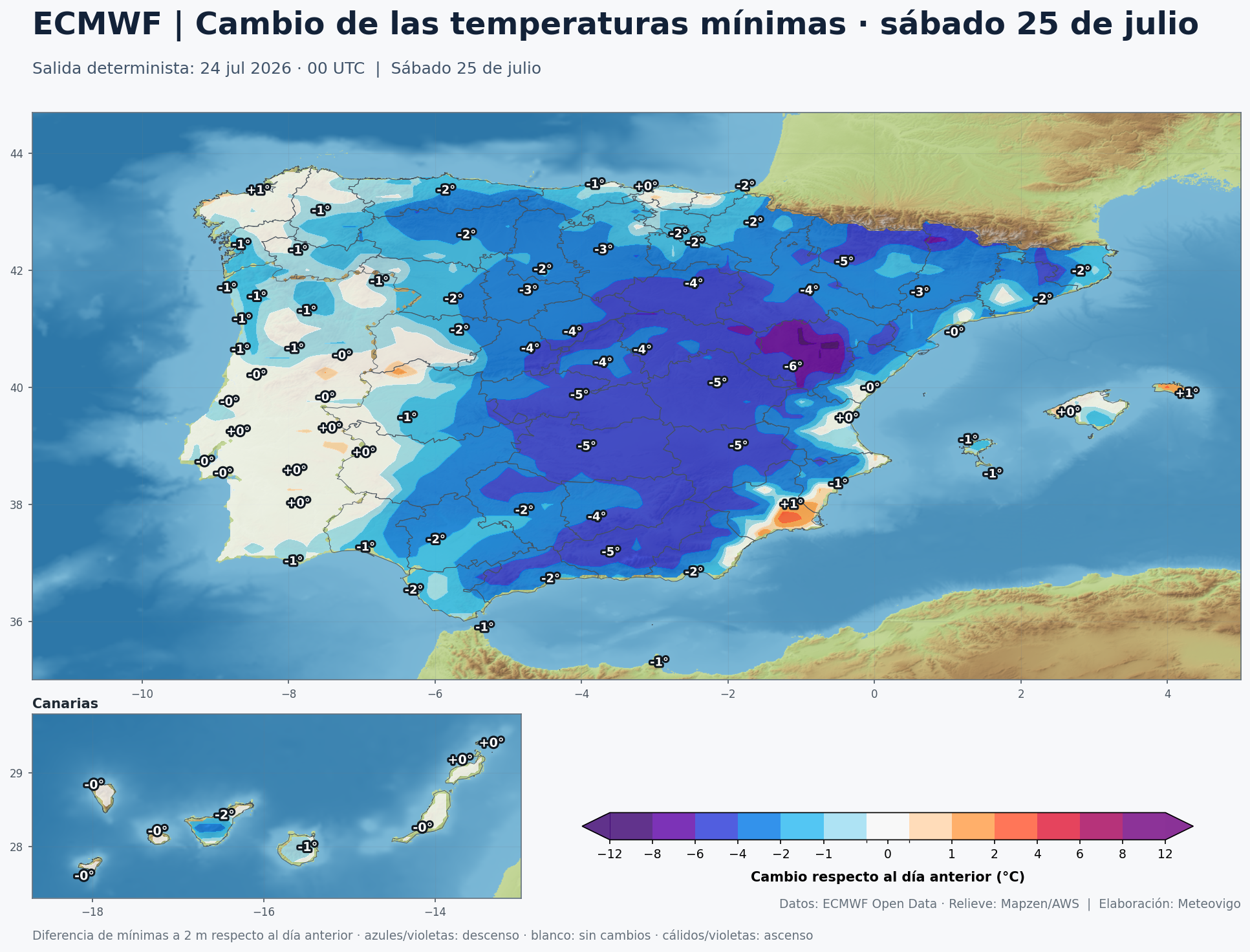 Cambio de las temperaturas m&iacute;nimas en Espa&ntilde;a para el s&aacute;bado 25 de julio