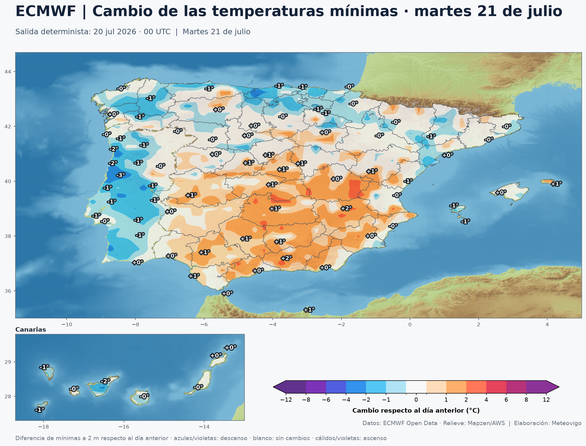 Mapa ECMWF de cambio de las temperaturas mínimas para el martes 21