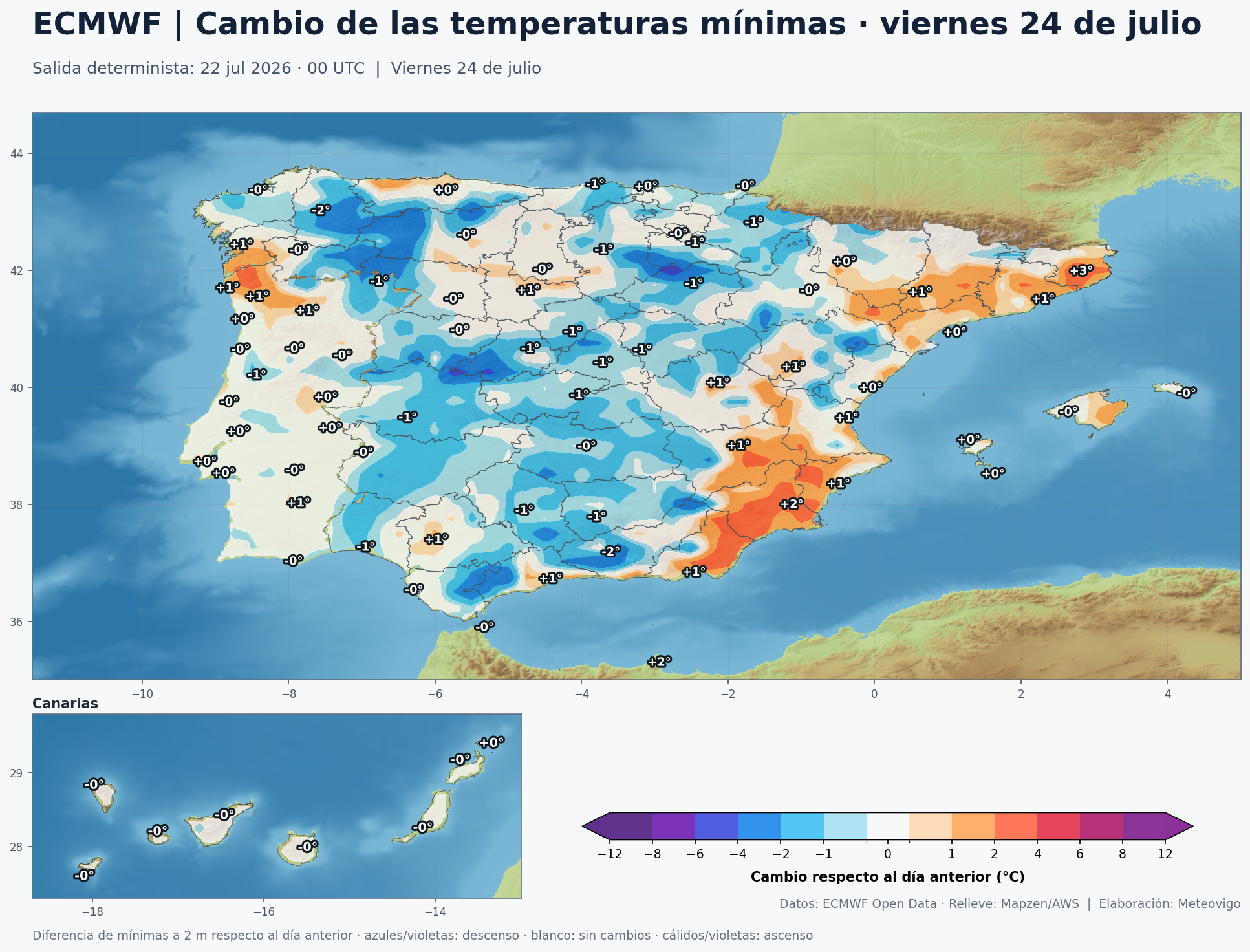Cambio de las temperaturas m&iacute;nimas previsto para el viernes 24 de julio en Espa&ntilde;a