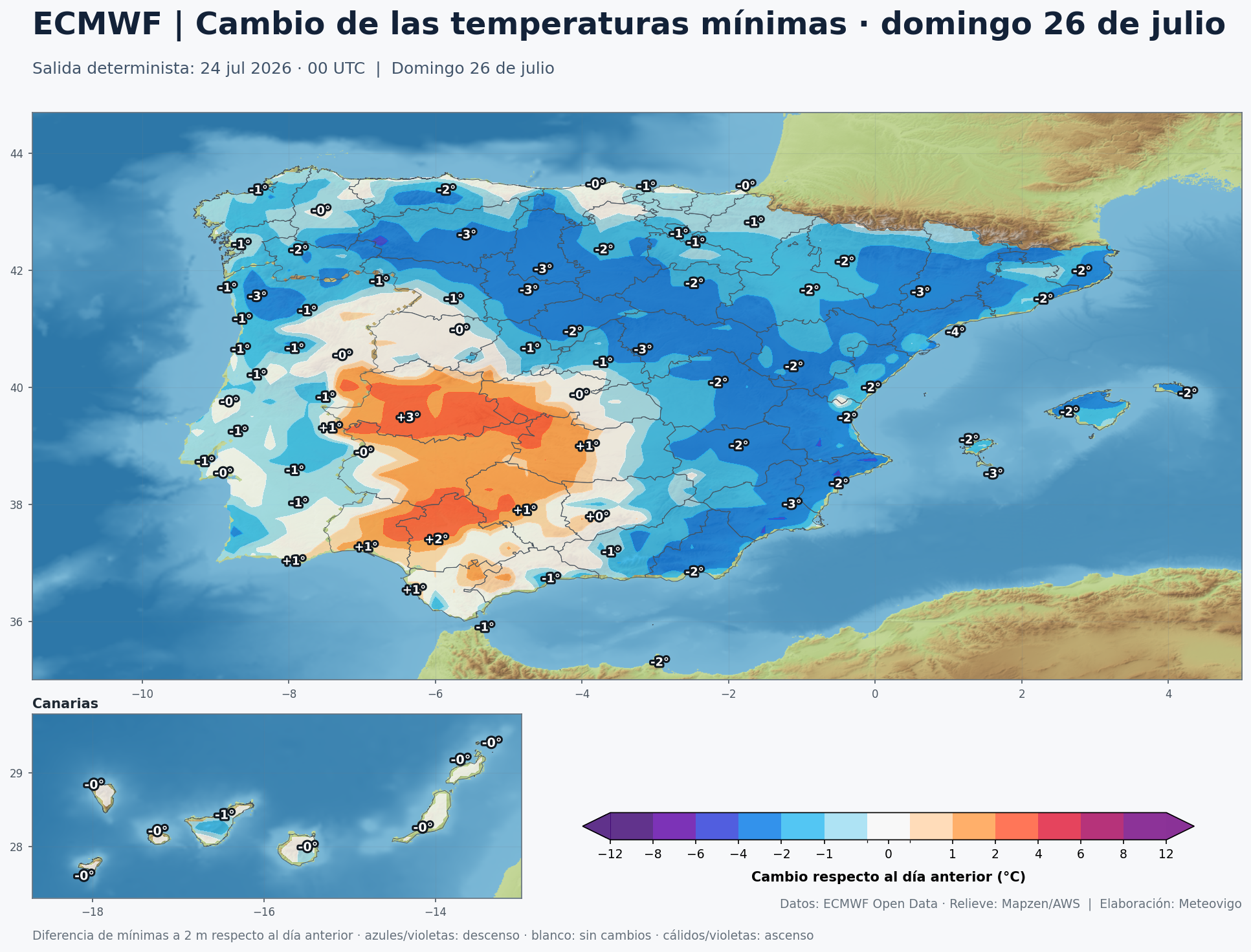Cambio de las temperaturas m&iacute;nimas en Espa&ntilde;a para el domingo 26 de julio