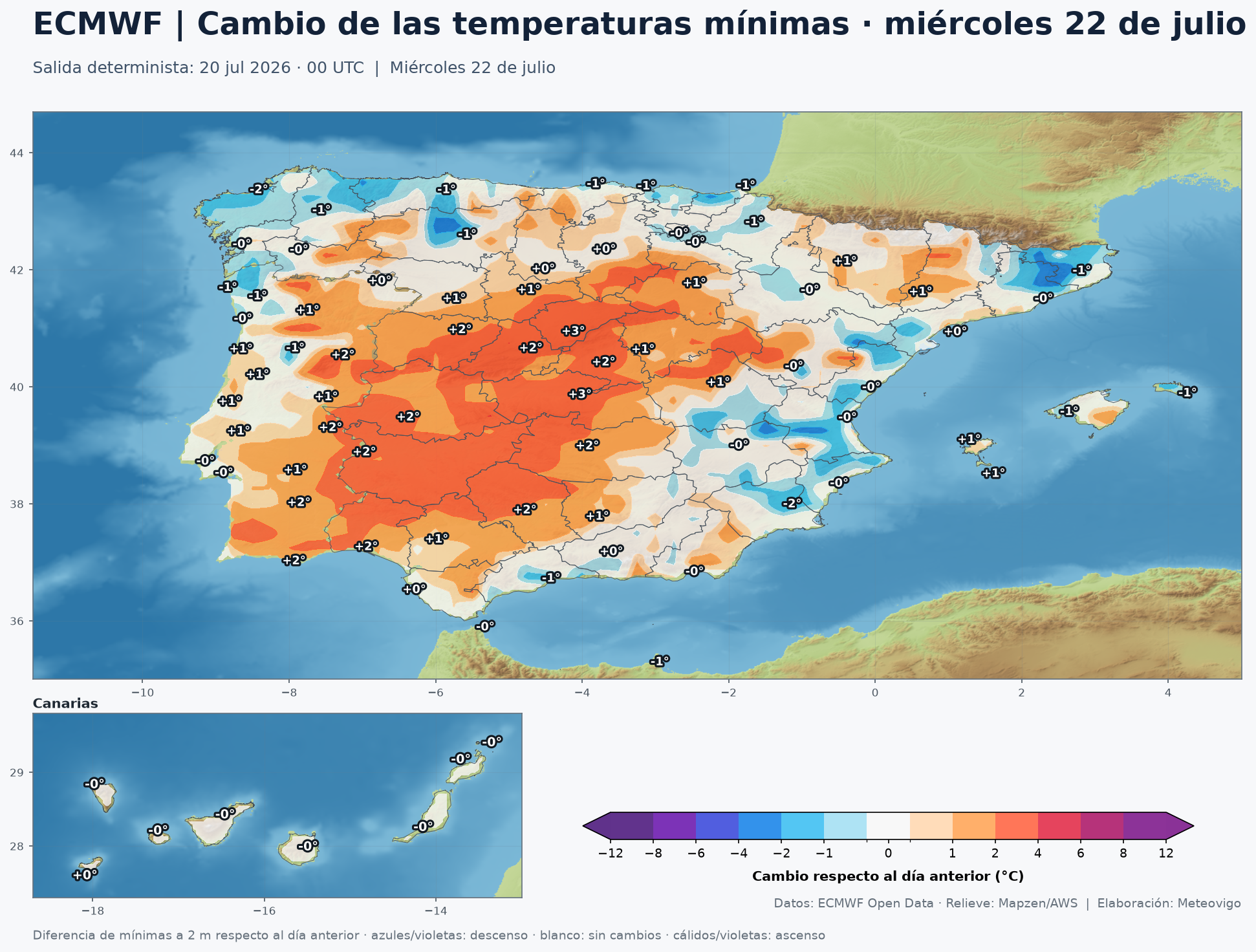 Mapa ECMWF de cambio de las temperaturas mínimas para el miércoles 22
