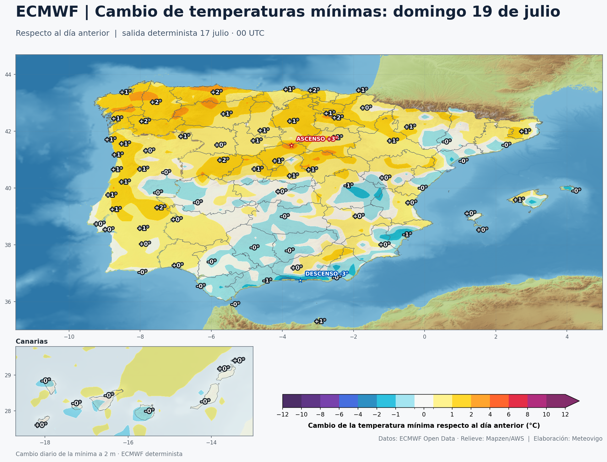 Mapa ECMWF del cambio de temperaturas mínimas del domingo 19 respecto al sábado