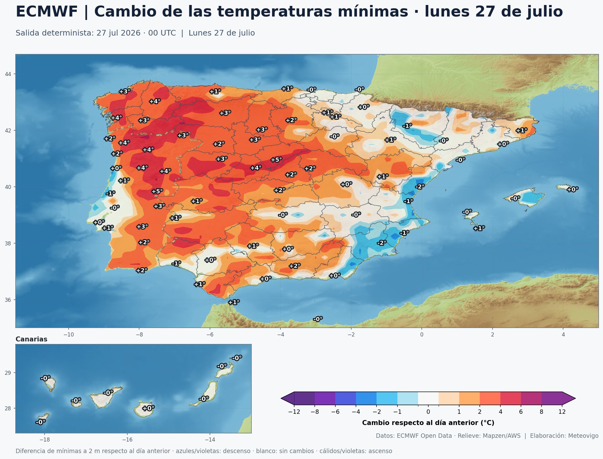 Cambio de las temperaturas mínimas en España para el lunes 27 de julio según el ECMWF