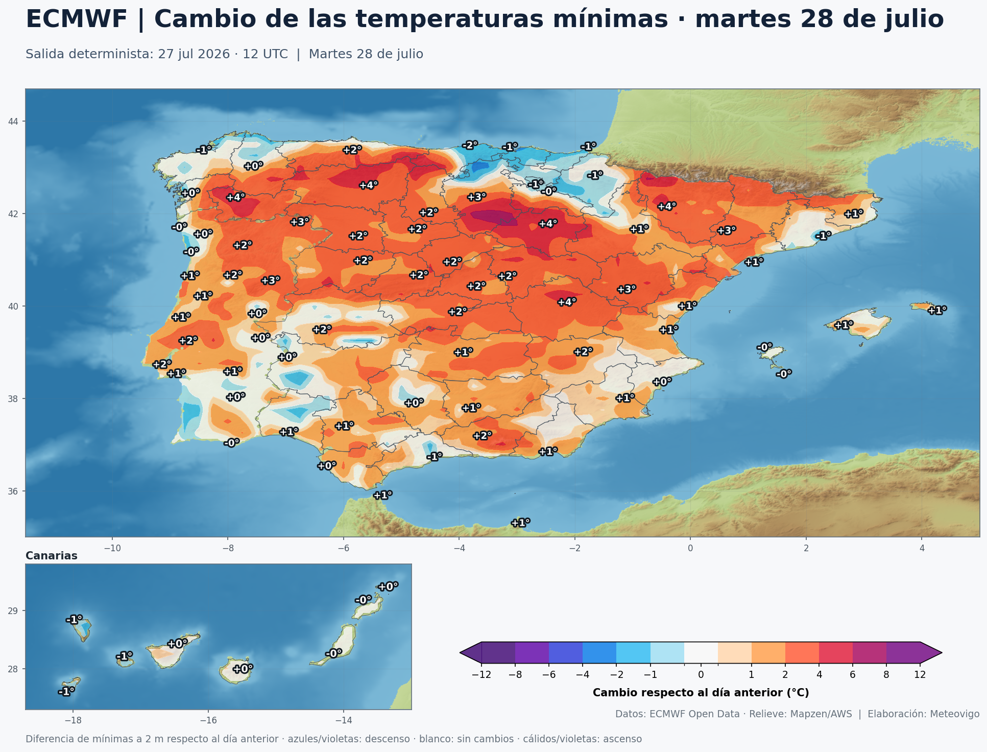 Cambio de las temperaturas m&iacute;nimas en Espa&ntilde;a para el martes 28 de julio seg&uacute;n el ECMWF