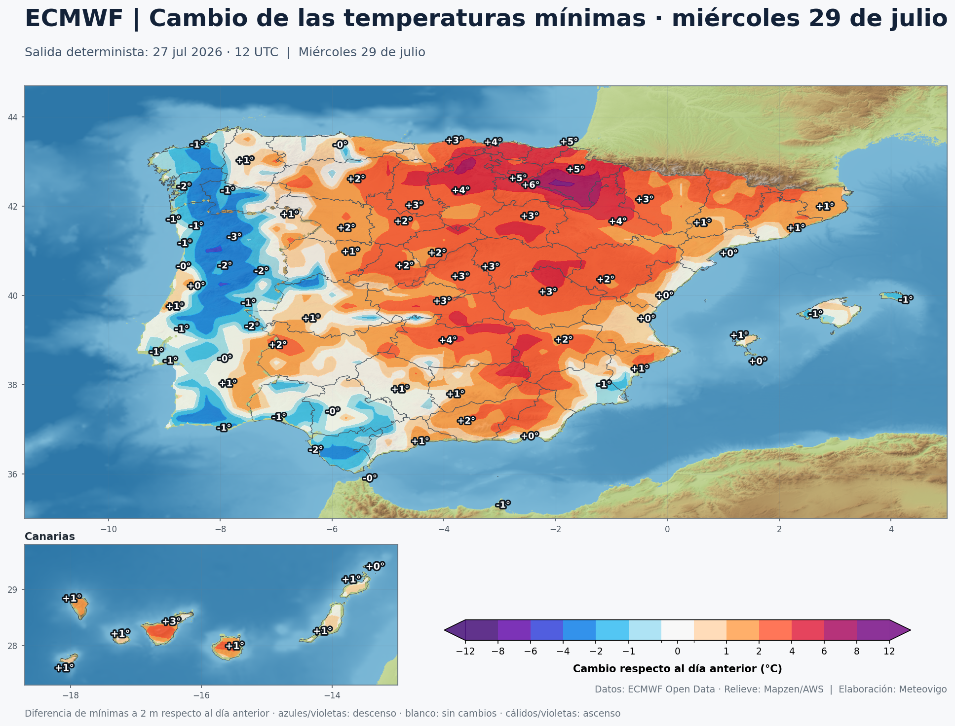 Cambio de las temperaturas m&iacute;nimas en Espa&ntilde;a para el mi&eacute;rcoles 29 de julio seg&uacute;n el ECMWF