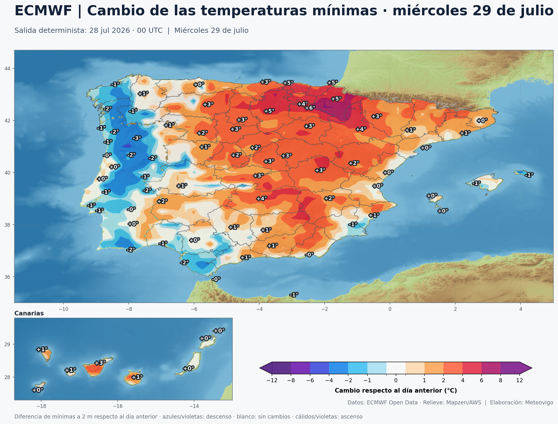 Cambio de las temperaturas m&iacute;nimas en Espa&ntilde;a para el mi&eacute;rcoles 29 de julio seg&uacute;n el modelo europeo