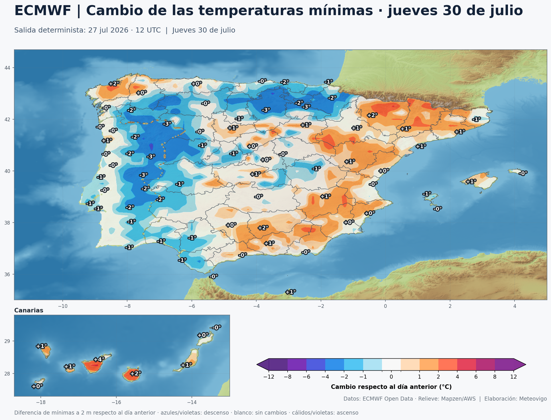 Cambio de las temperaturas m&iacute;nimas en Espa&ntilde;a para el jueves 30 de julio seg&uacute;n el ECMWF