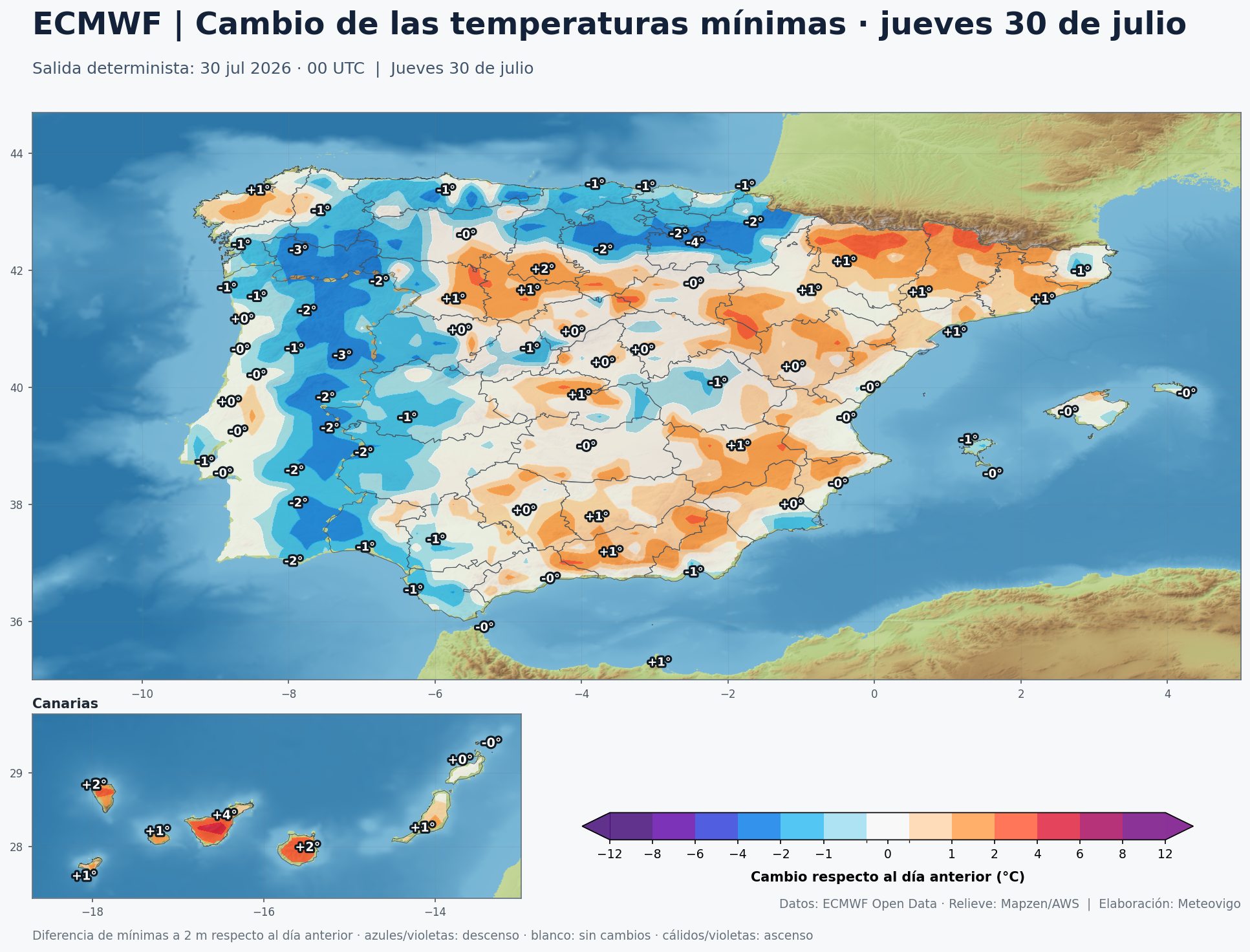 Cambio de las temperaturas mínimas en España para el jueves 30 de julio según el modelo europeo