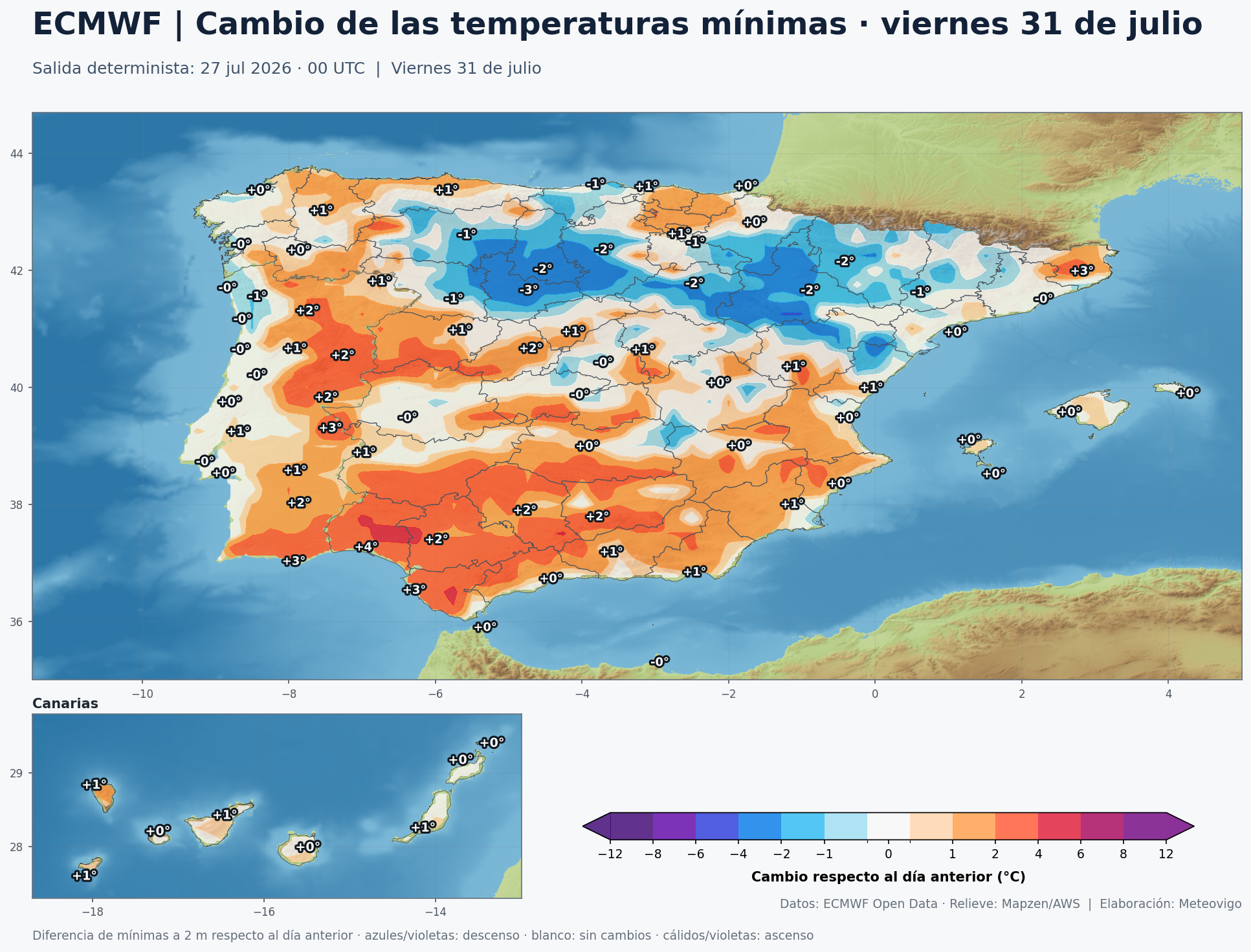 Cambio de las temperaturas mínimas en España para el viernes 31 de julio según el ECMWF