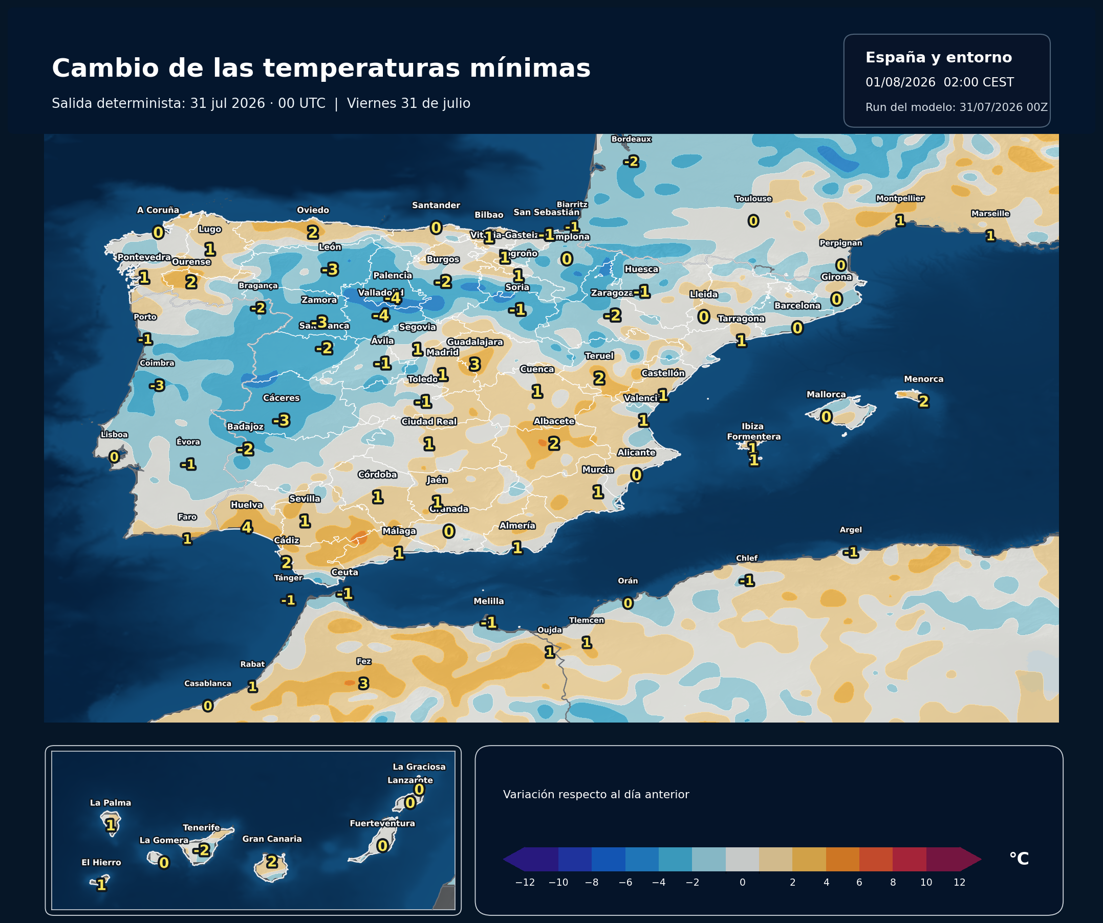Cambio de las temperaturas mínimas en España para el viernes 31 de julio según el modelo europeo