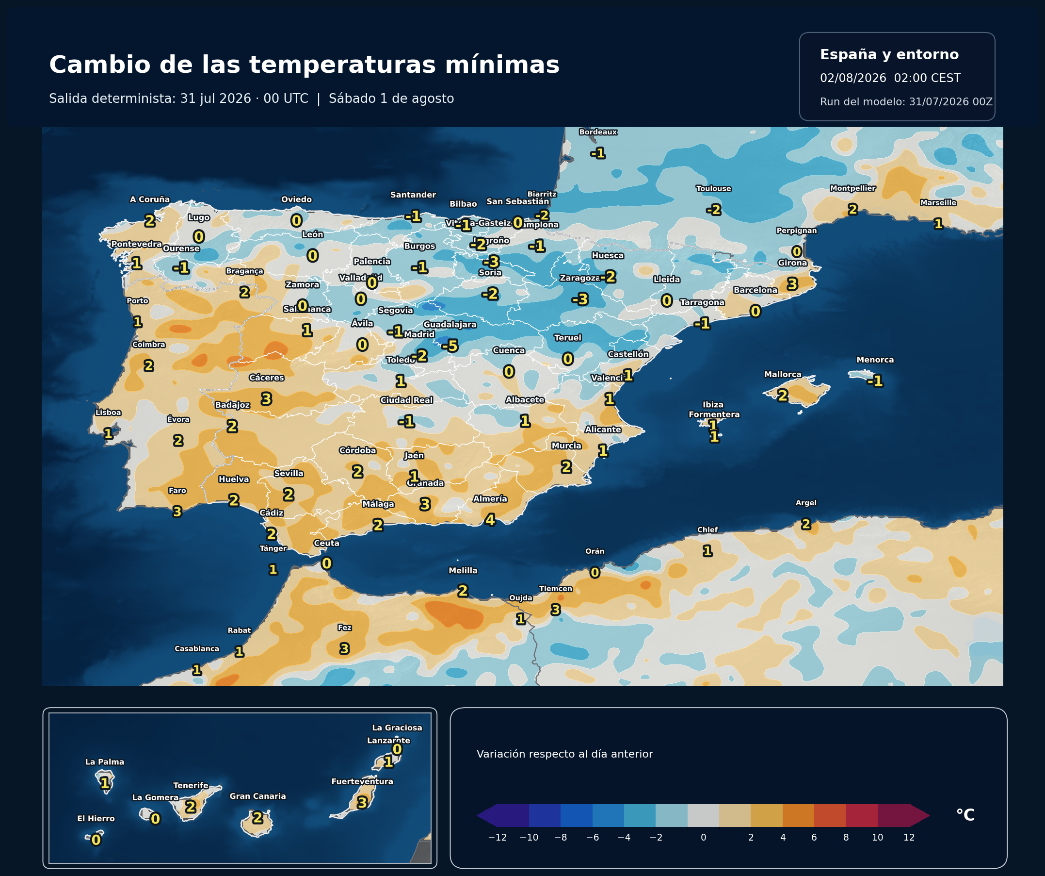 Cambio de las temperaturas mínimas en España para el sábado 1 de agosto según el modelo europeo