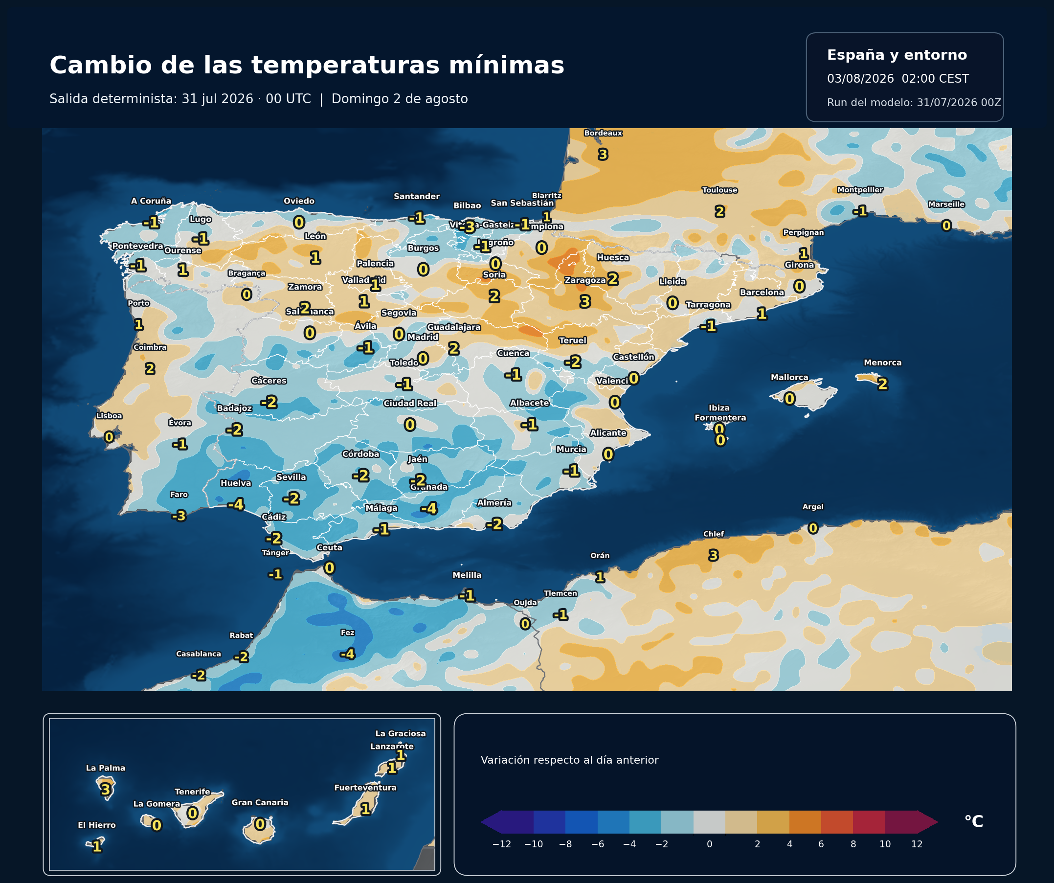 Cambio de las temperaturas mínimas en España para el domingo 2 de agosto según el modelo europeo