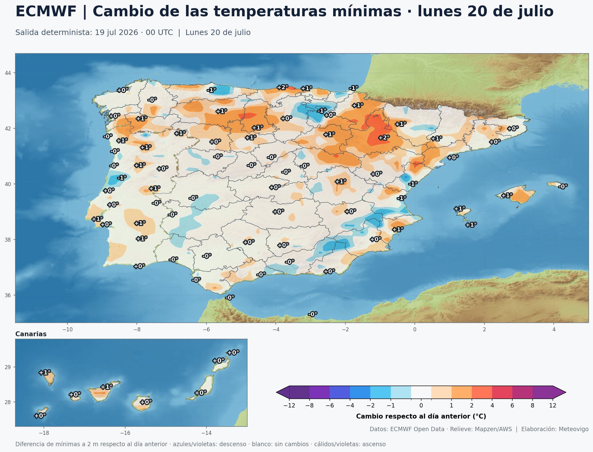 Cambio de las temperaturas mínimas del lunes 20 respecto al domingo