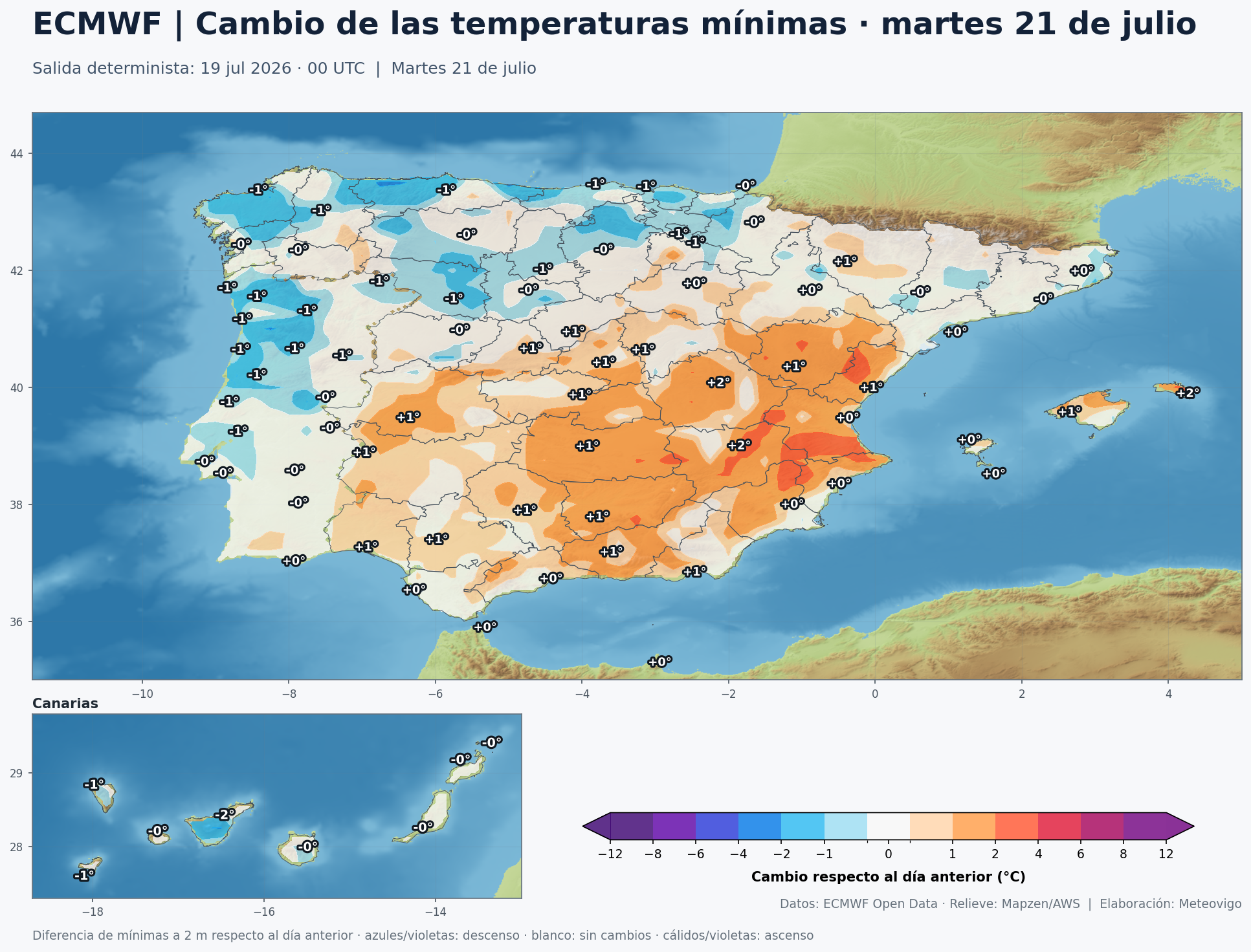 Cambio de las temperaturas mínimas del martes 21 respecto al lunes
