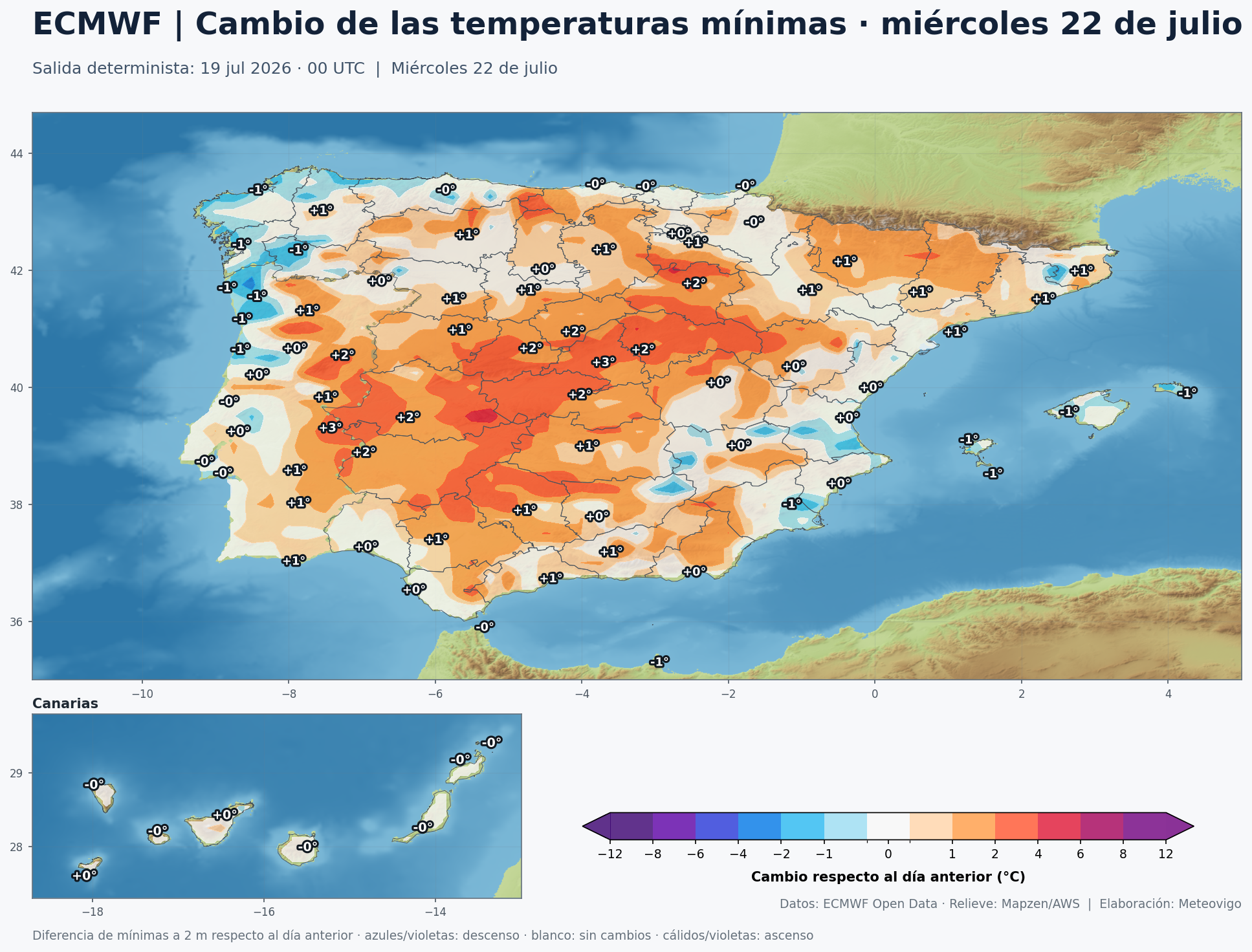 Cambio de las temperaturas mínimas del miércoles 22 respecto al martes