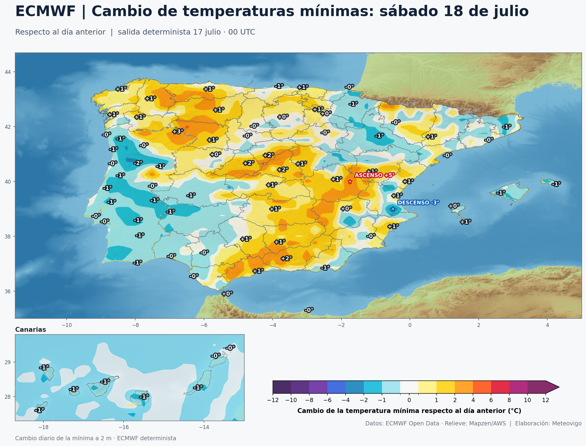 Mapa ECMWF del cambio de temperaturas mínimas del sábado 18 respecto al viernes