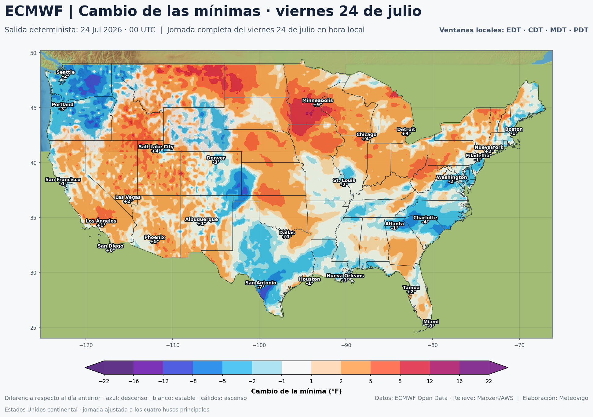 Cambio de las temperaturas mínimas en Estados Unidos para el viernes 24 de julio según el ECMWF