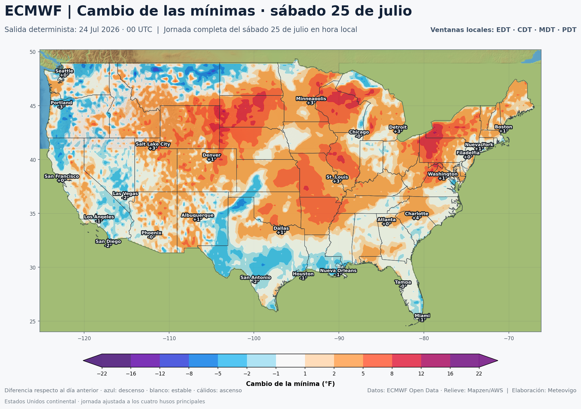 Cambio de las temperaturas mínimas en Estados Unidos para el sábado 25 de julio según el ECMWF