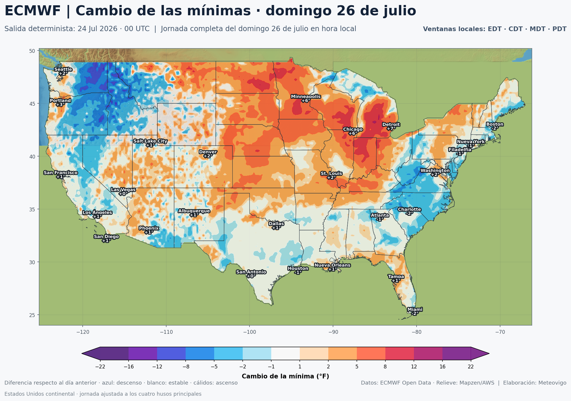 Cambio de las temperaturas mínimas en Estados Unidos para el domingo 26 de julio según el ECMWF