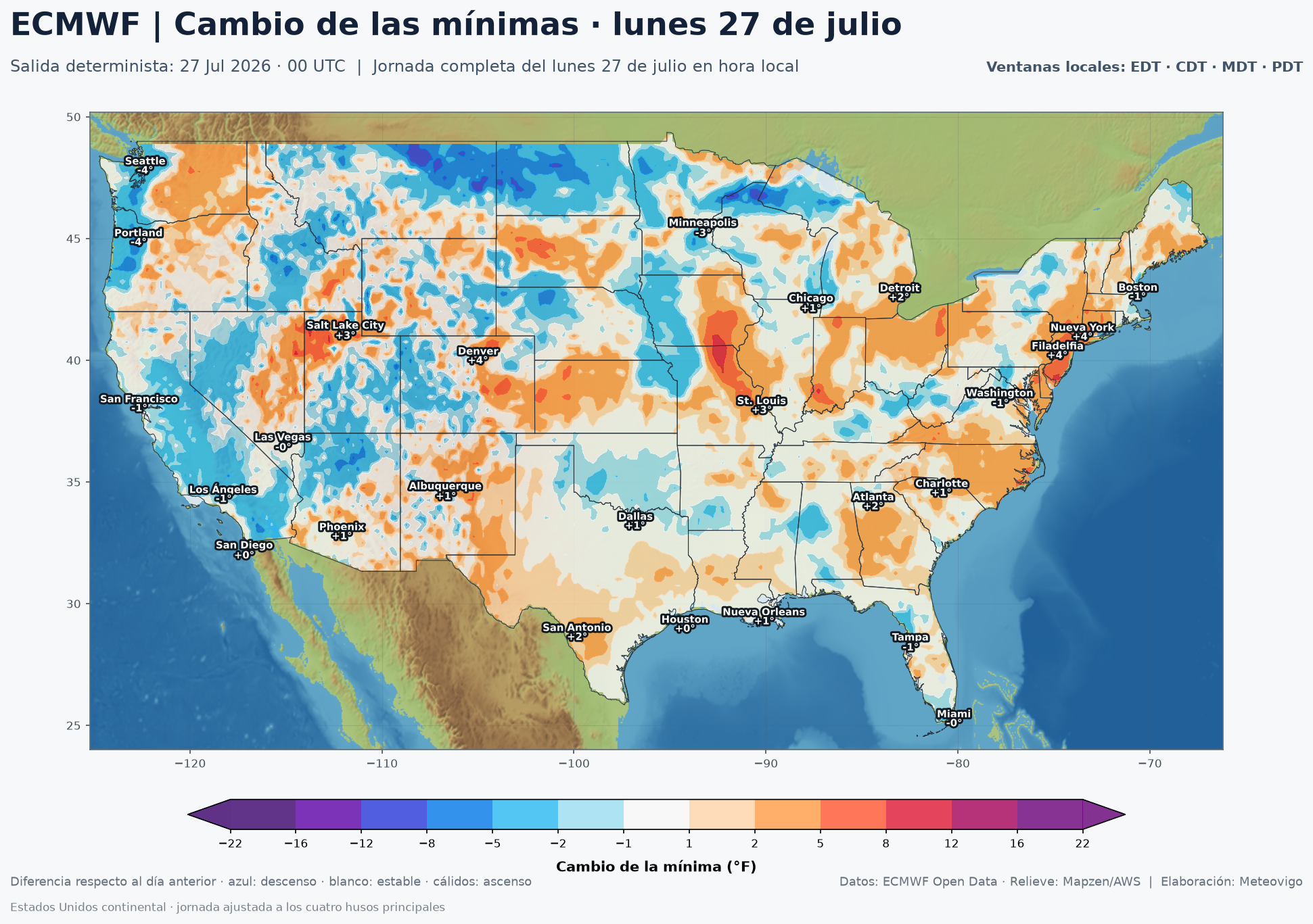 Cambio de las temperaturas mínimas en Estados Unidos el lunes 27 de julio de 2026 según el ECMWF
